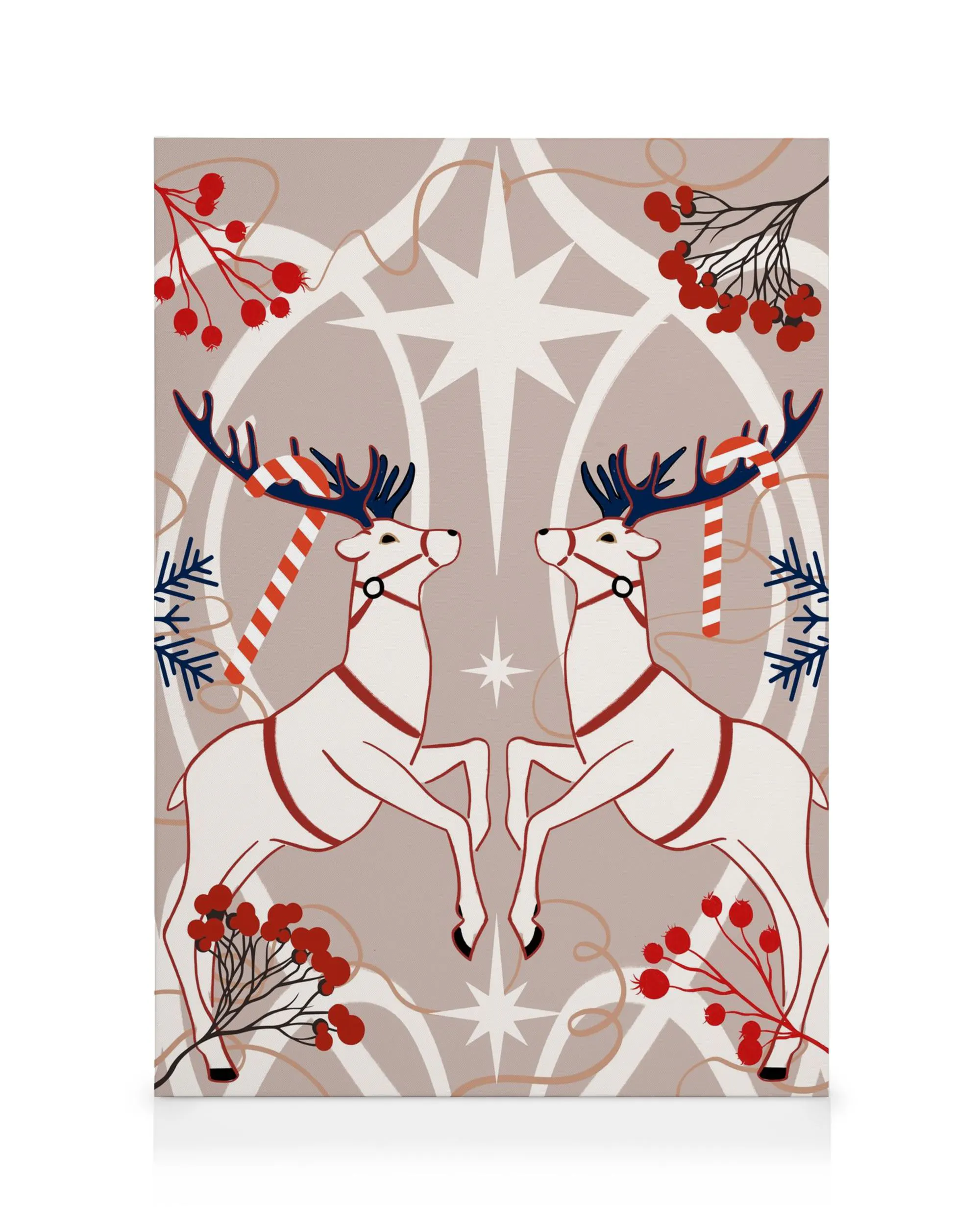 Holiday Pattern No2 canvas print features two festive deer on a taupe background with stars, berries, and candy canes.