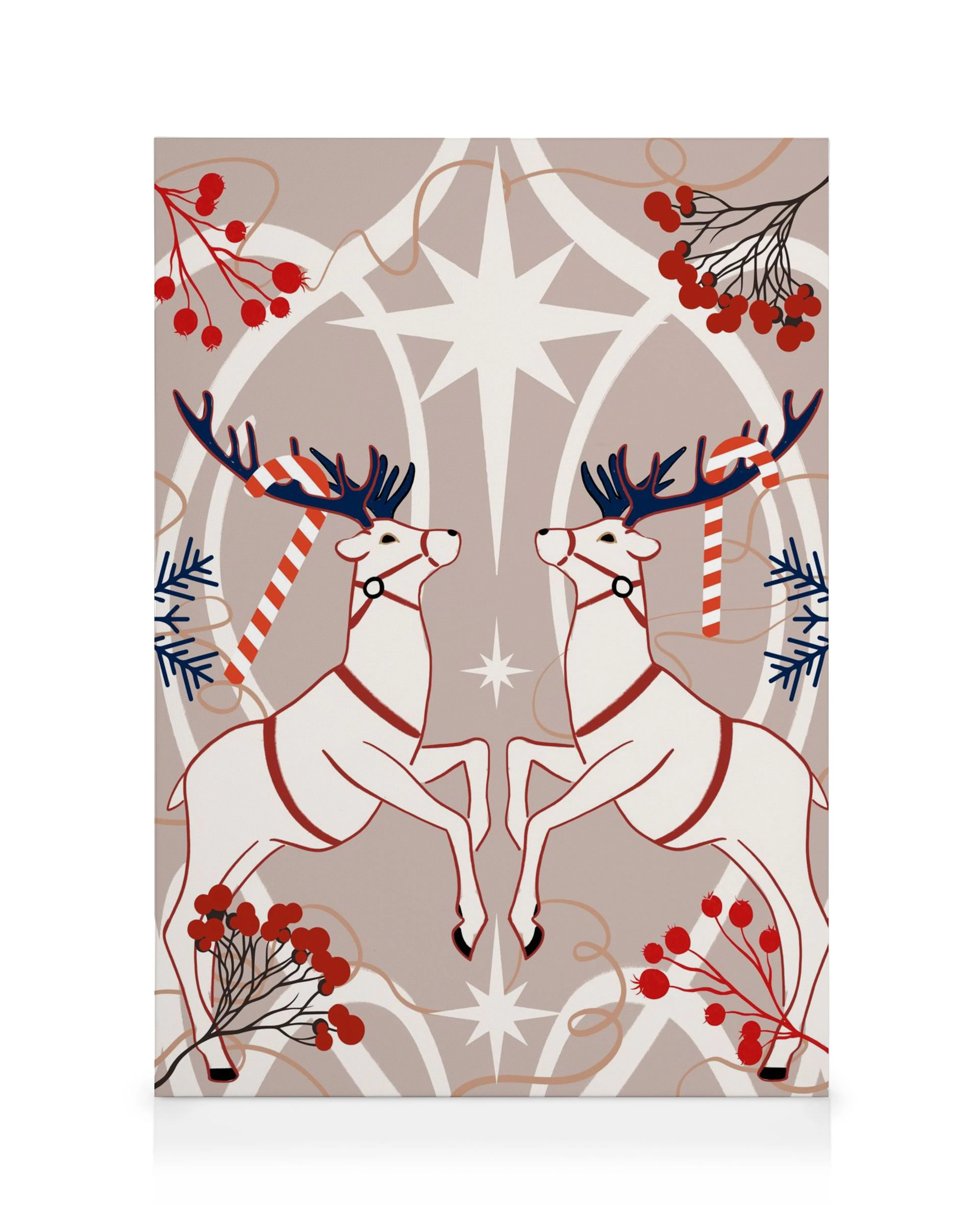Holiday Pattern No2 canvas print features two festive deer on a taupe background with stars, berries, and candy canes.