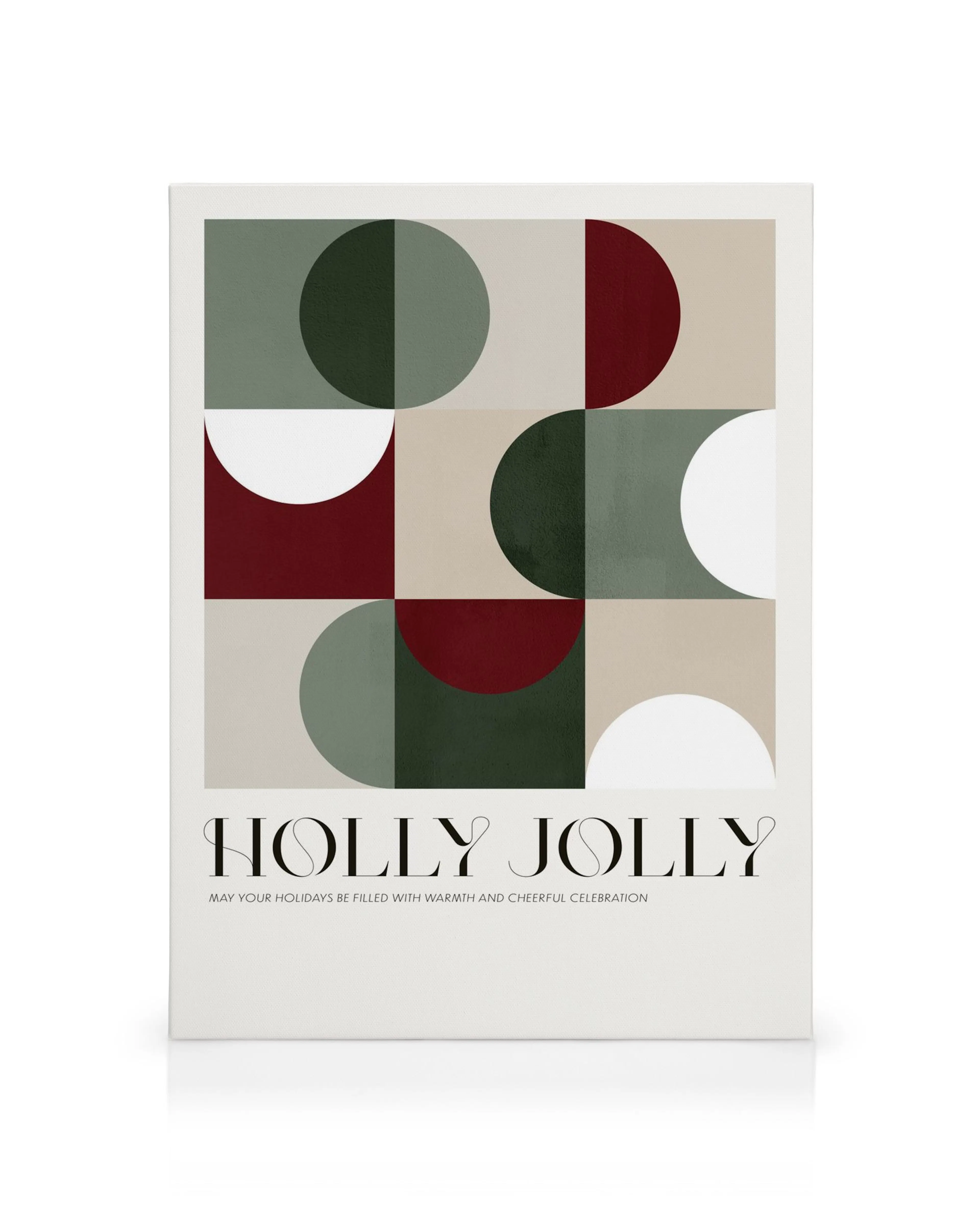 Holly Jolly canvas print, geometric holiday design with red, green, and beige circles and semicircles.