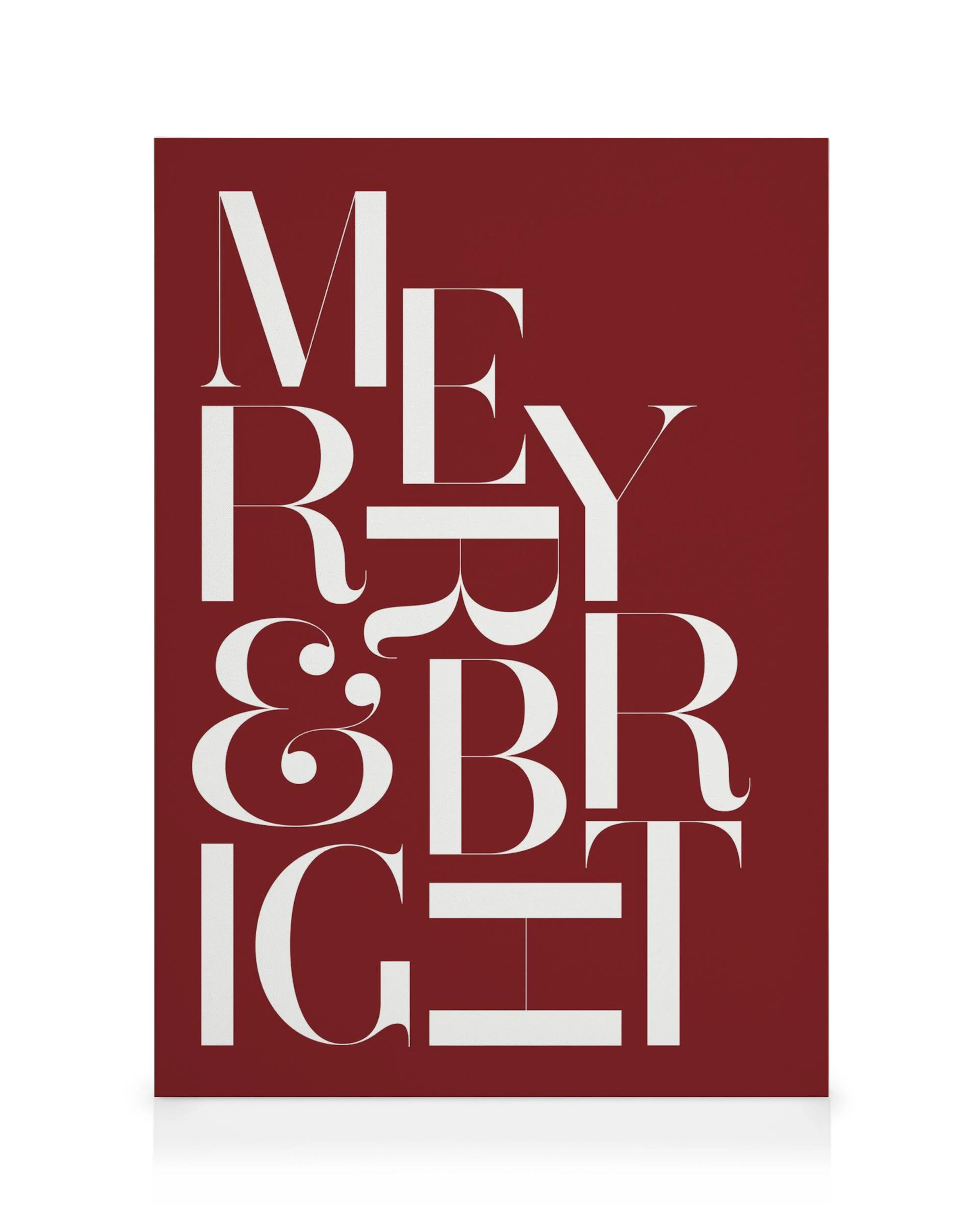 Merry and Bright canvas print with white serif text on a deep red background, perfect for Christmas decor.