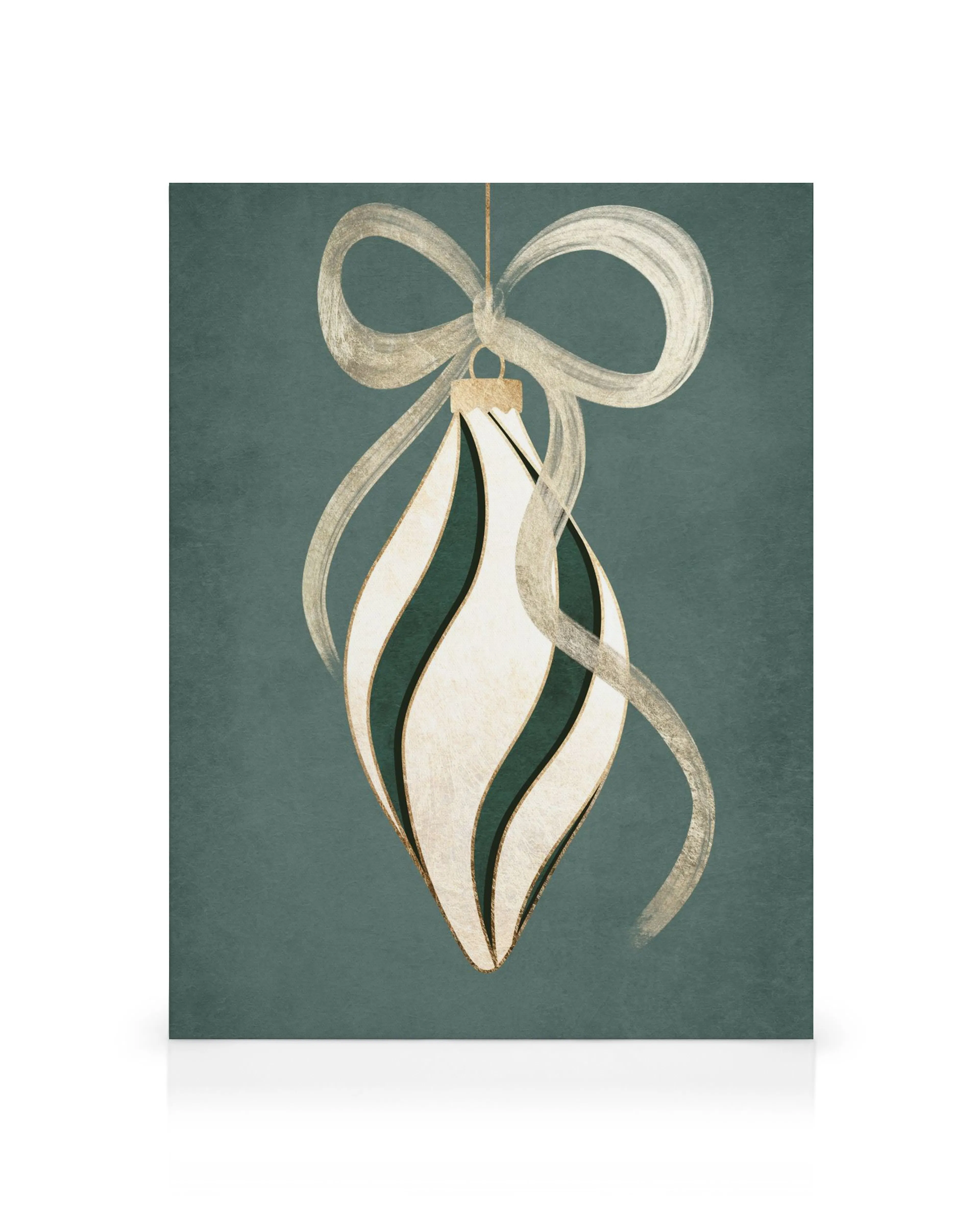 Green canvas print with an ornate Christmas bauble with gold accents and a flowing ribbon, perfect festive decor.