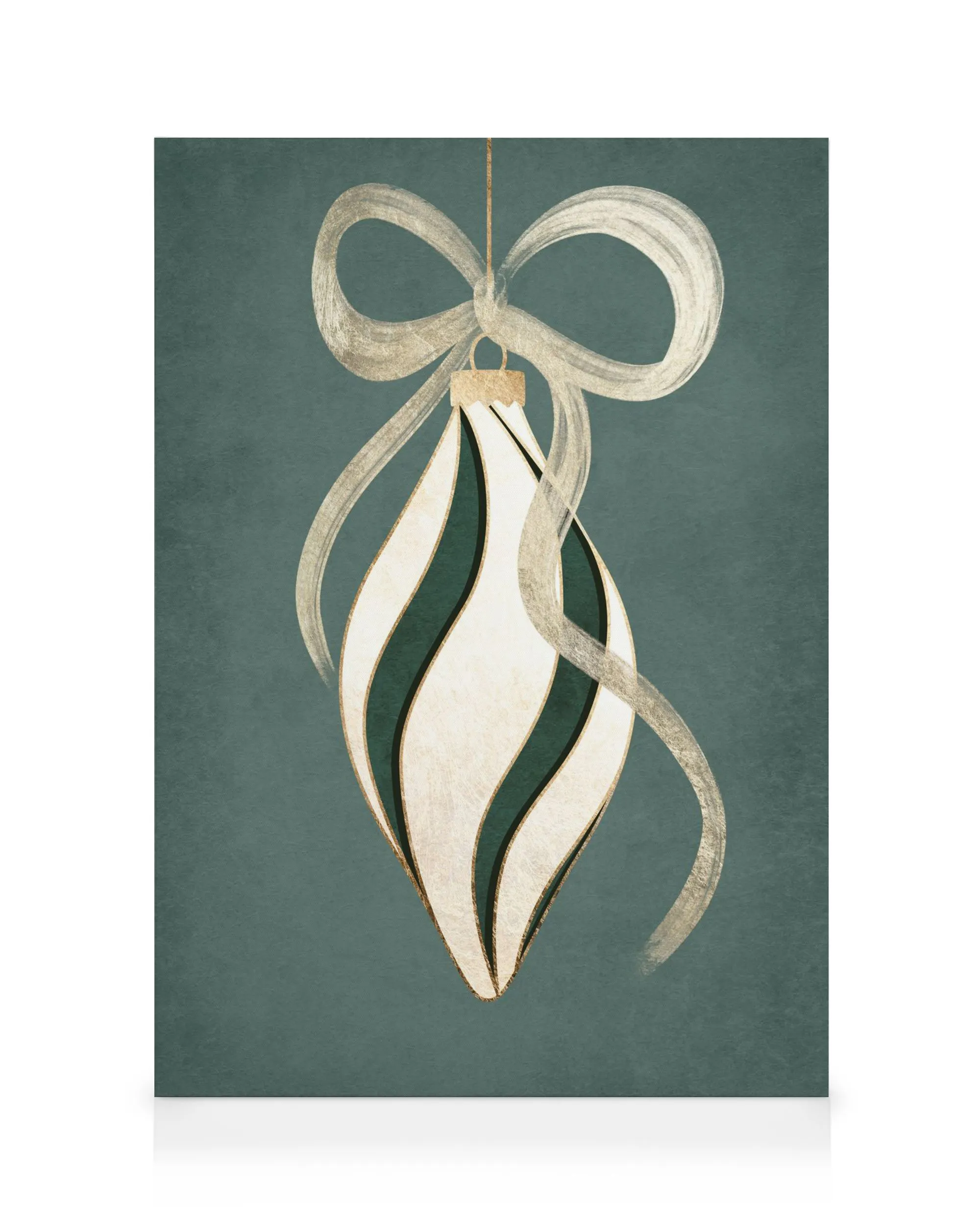 Green canvas print with an elegant white and green teardrop bauble, adorned with a gold ribbon and accents.