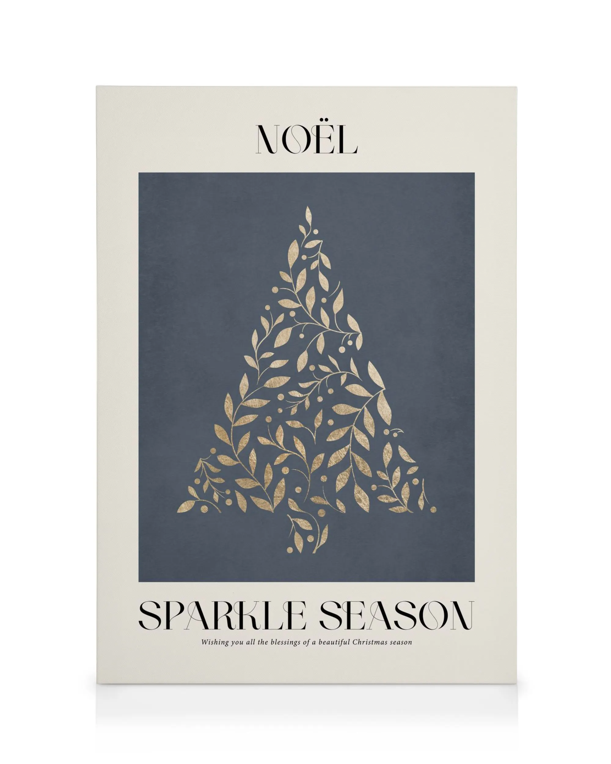 Golden Christmas tree canvas print, featuring a festive botanical design on a dark background.