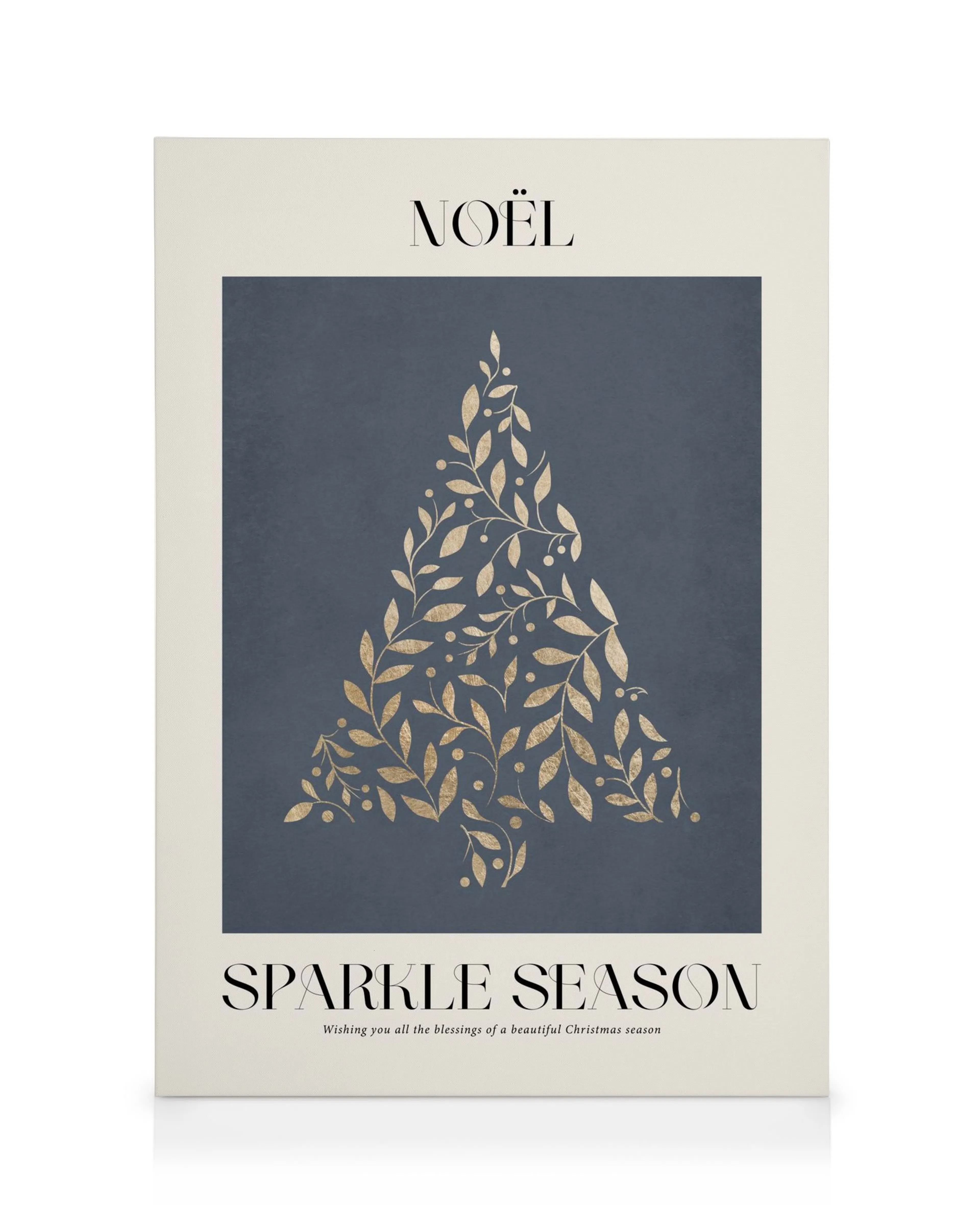 Golden Christmas tree canvas print, featuring a festive botanical design on a dark background.