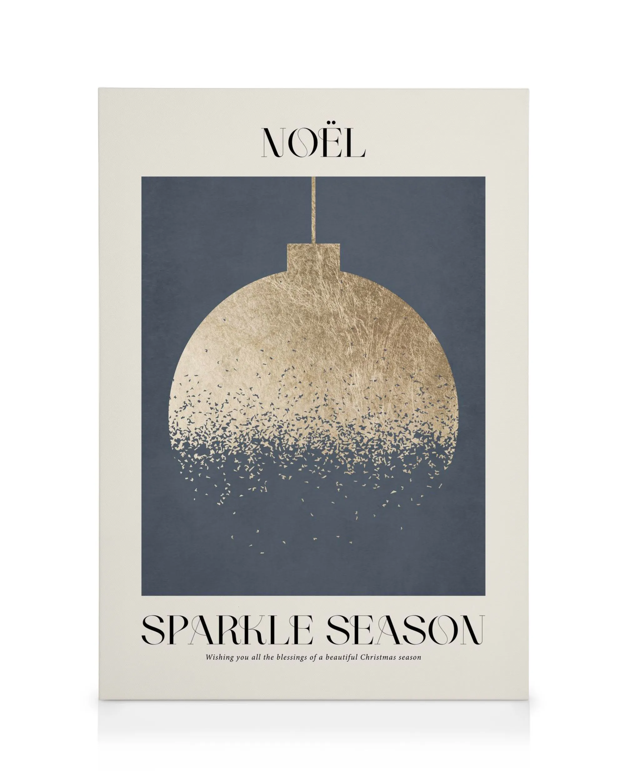 Graphic Golden Bauble canvas print, featuring a golden Christmas bauble on a dark blue background, gold textured design.