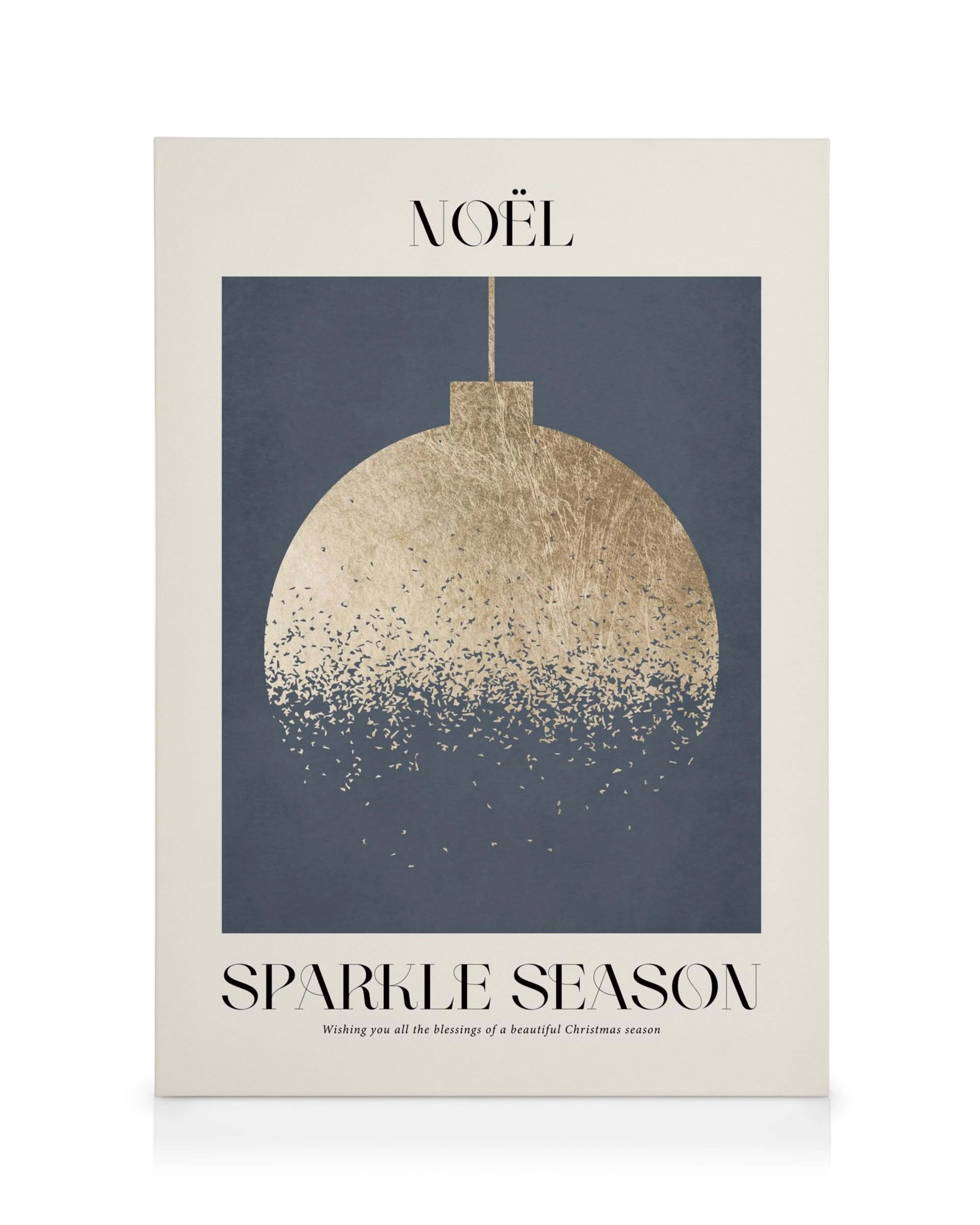 Graphic Golden Bauble canvas print, featuring a golden Christmas bauble on a dark blue background, gold textured design.