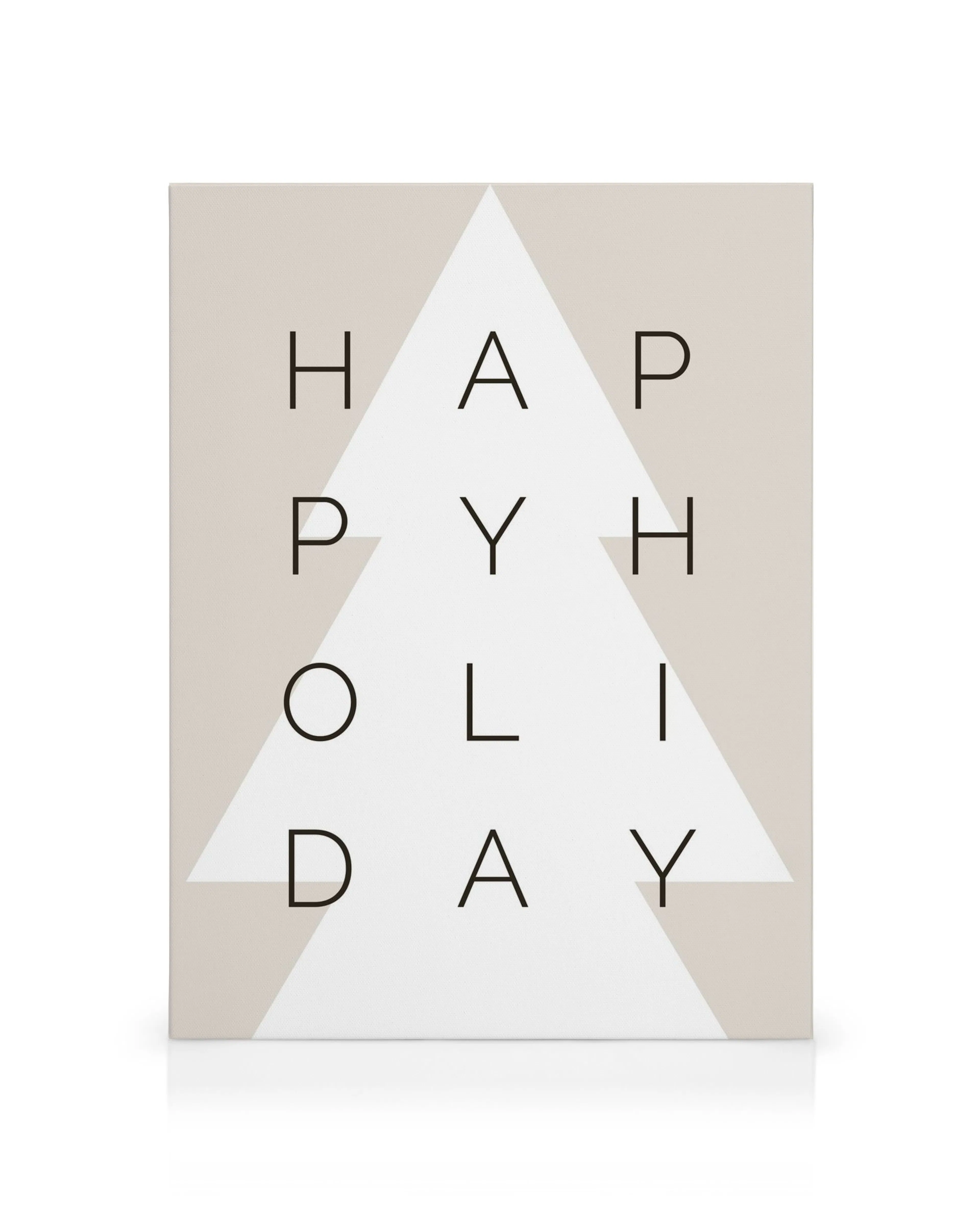 Minimalist canvas print with a white triangle on beige, featuring Happy Holiday in black letters.