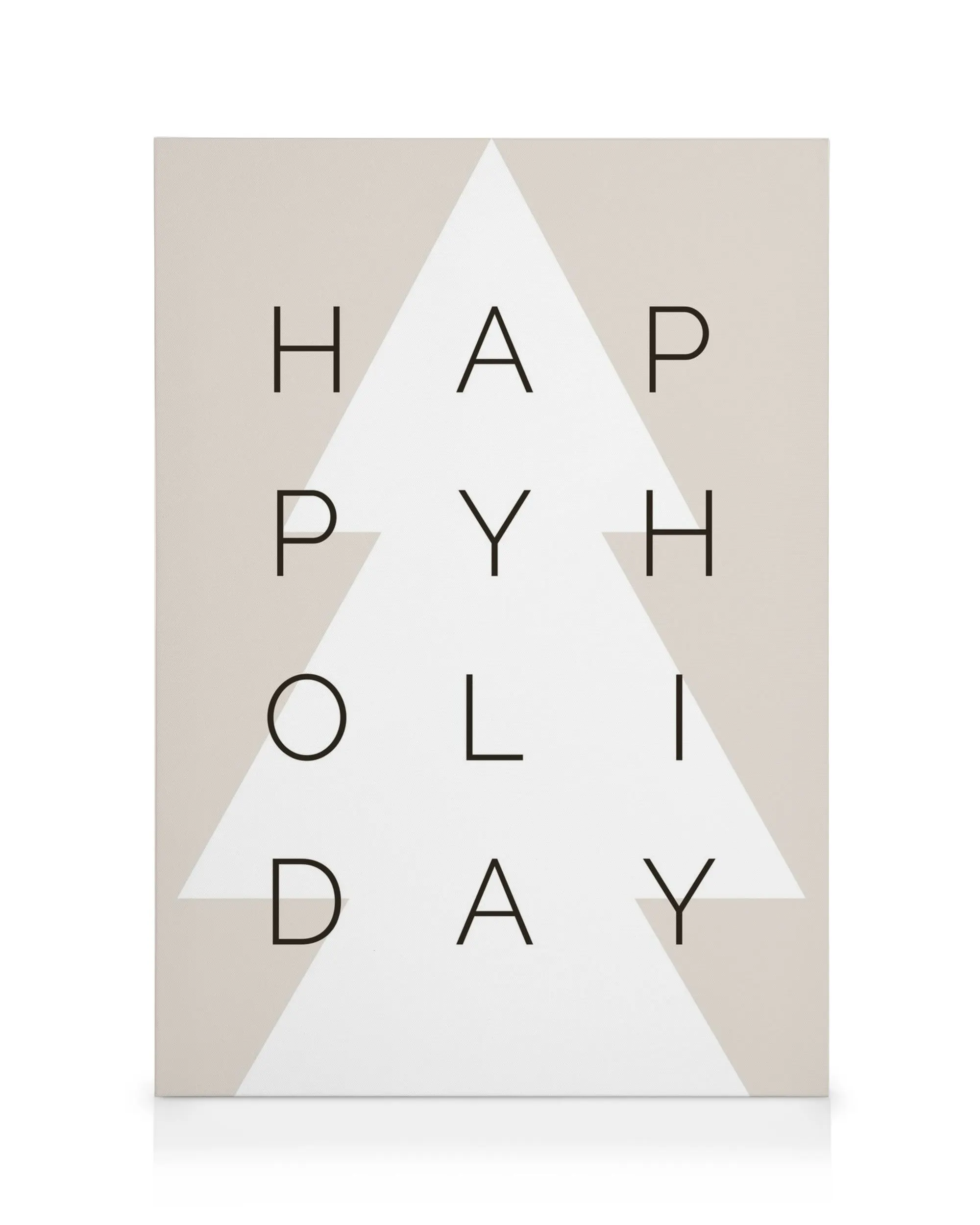 Minimalist Happy Holiday canvas print with a geometric white Christmas tree design on a light beige background.
