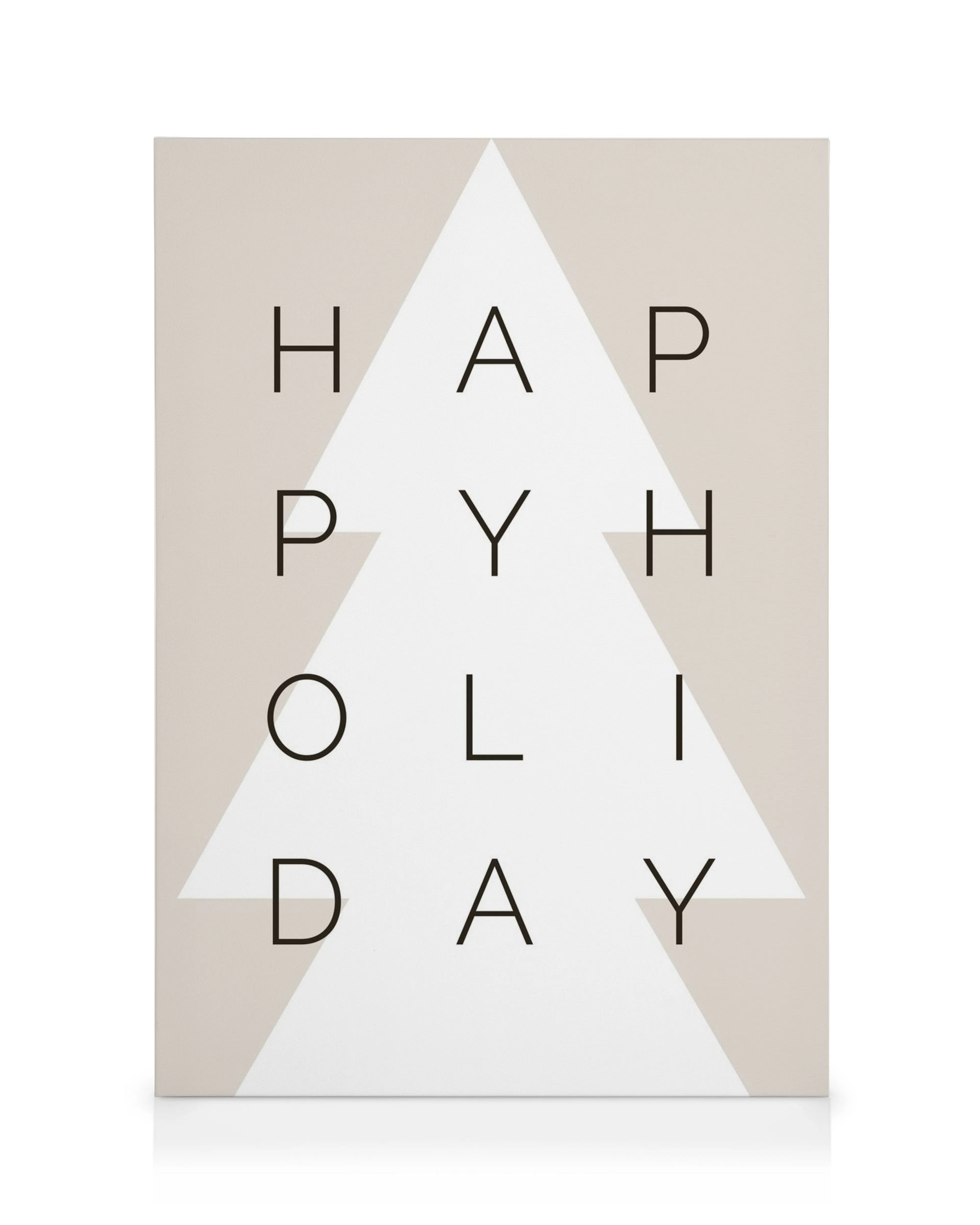 Minimalist Happy Holiday canvas print with a geometric white Christmas tree design on a light beige background.