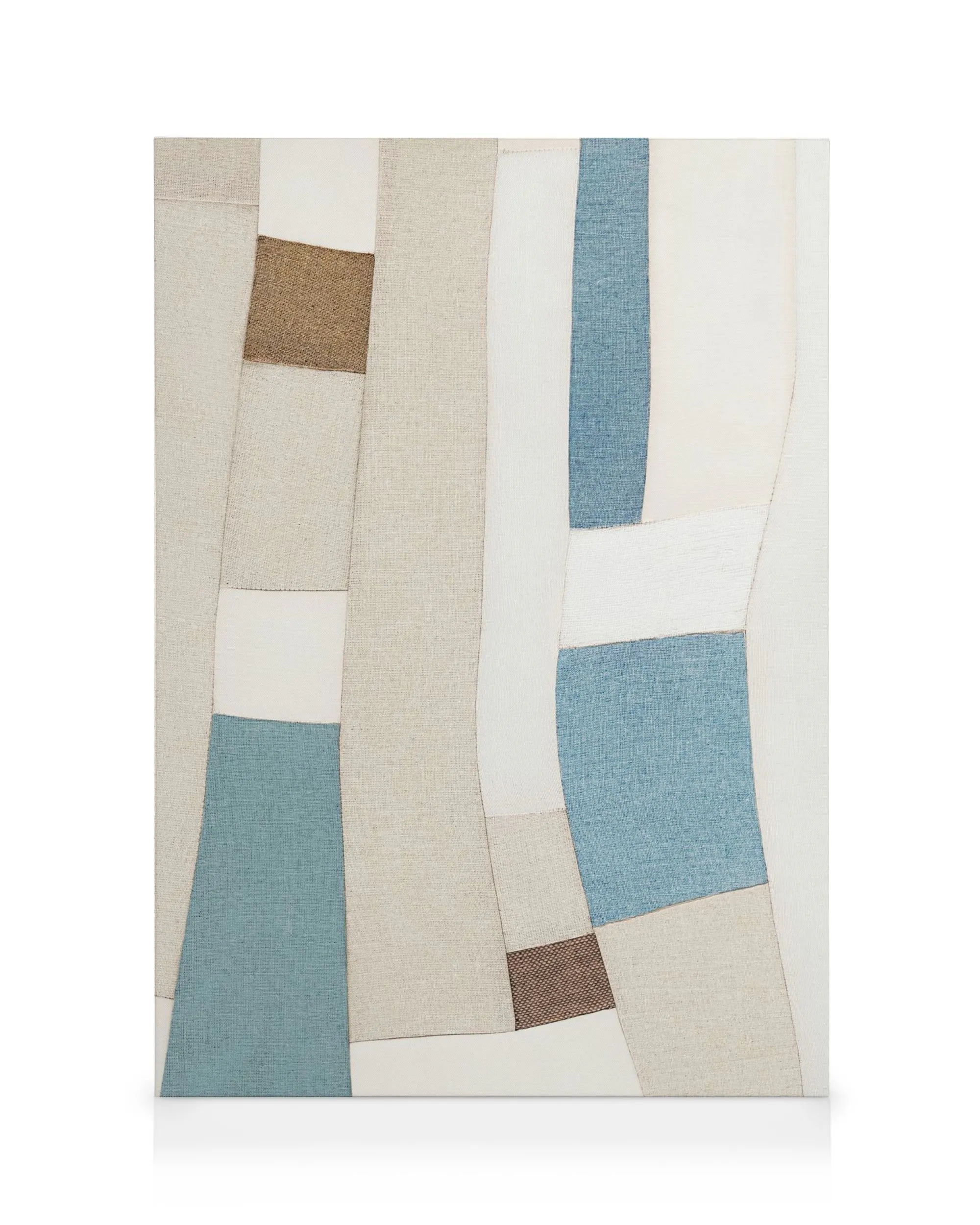 Textile Patchwork No2 Canvas print with abstract shapes in tan, brown, white, and blue hues creating a fabric-like design.