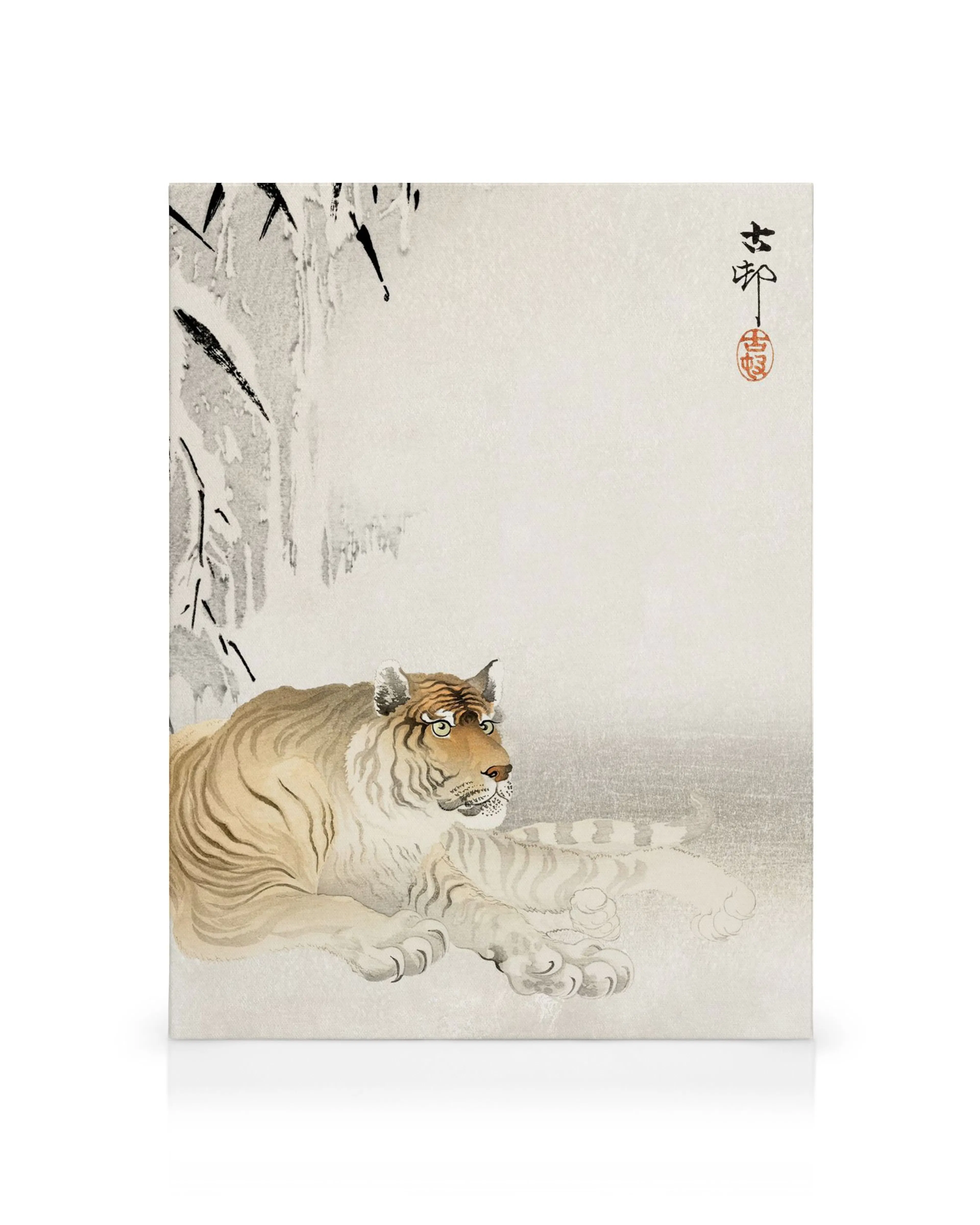 Ohara Kosons ukiyo-e woodblock print featuring a majestic tiger in a snowy bamboo forest, a classic Japanese art piece.