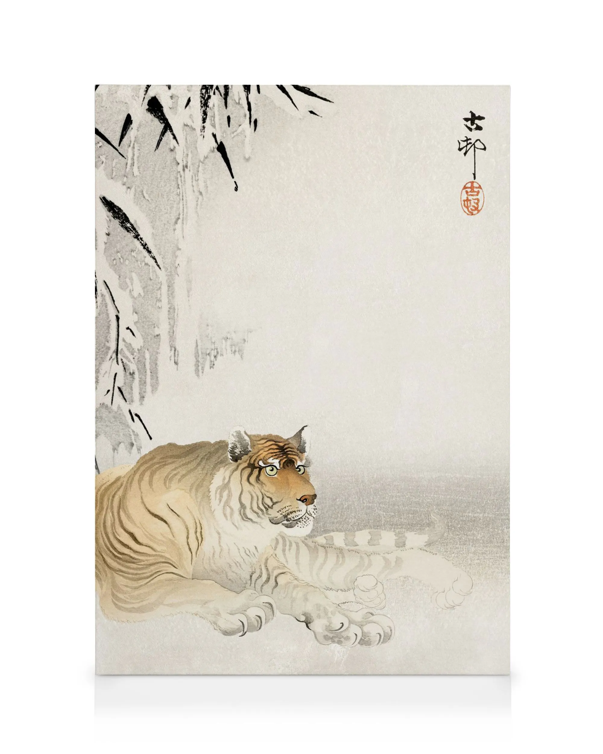 Toile orientale dun tigre allongé dans des bambous, tons blancs et beiges, style japonais