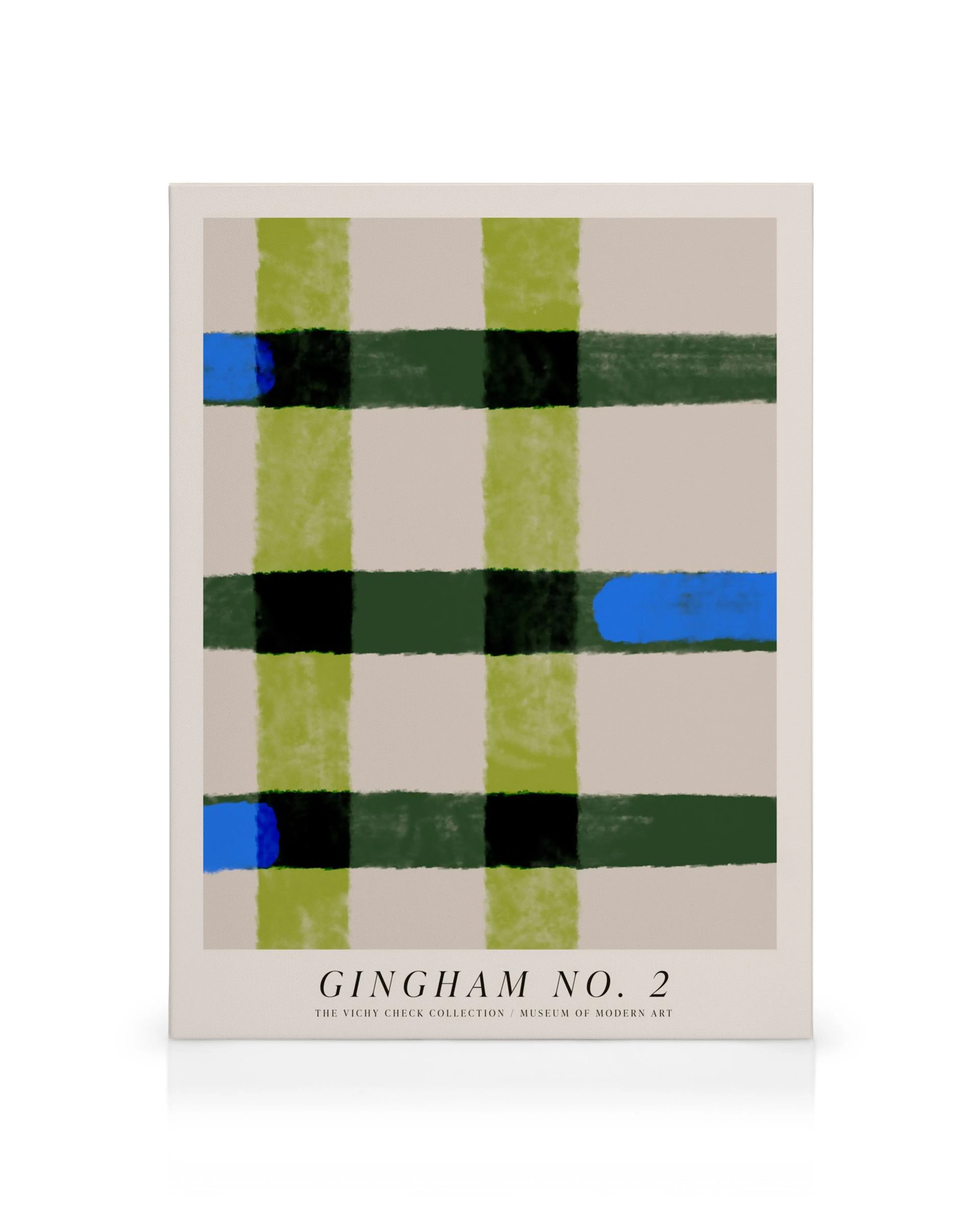 Lerret Gingham No2 med grønt, blått og beige rutemønster, grovt maleriuttrykk.