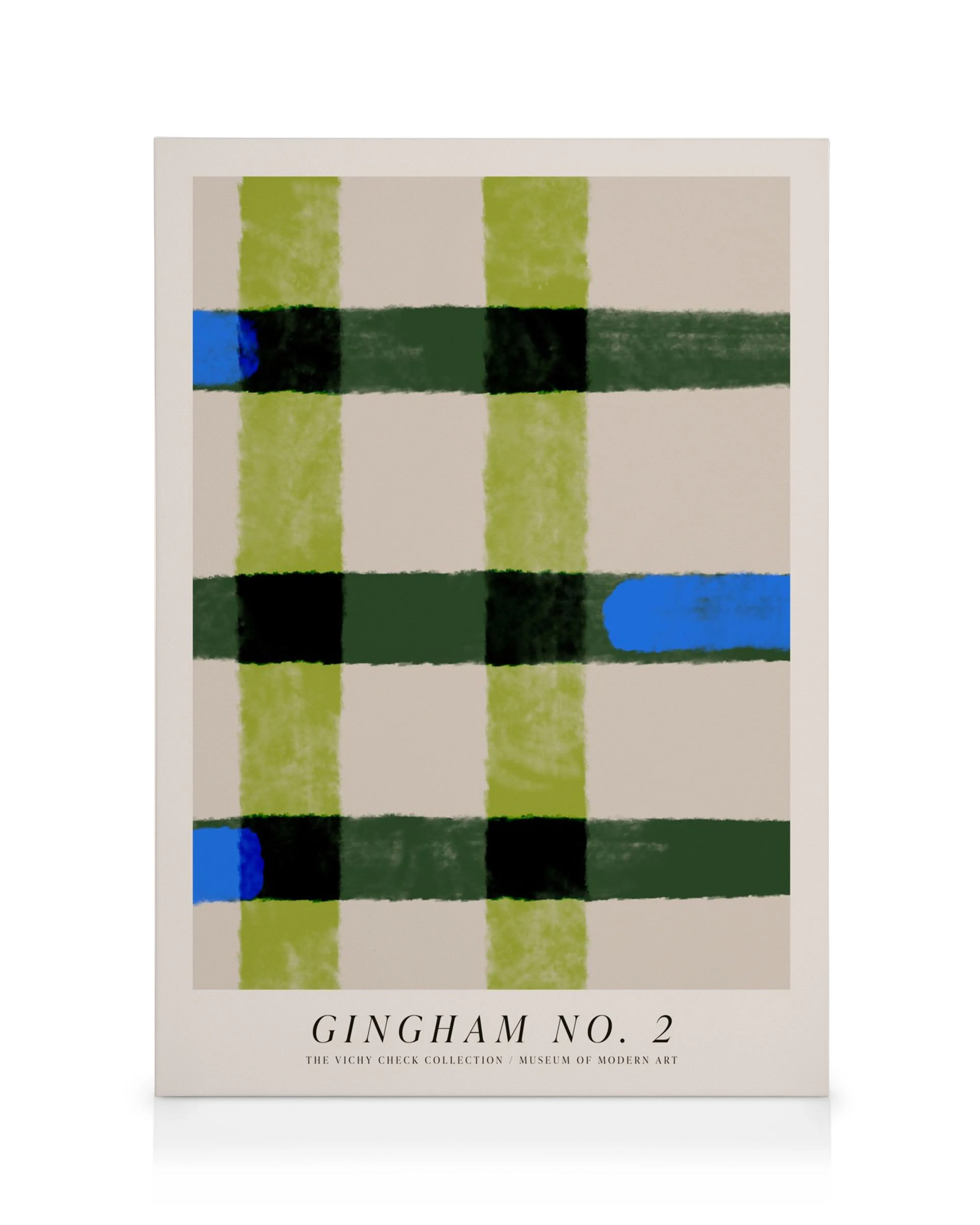 Toile Gingham No2, motif à carreaux avec lignes vertes, noires et bleues sur fond beige et texte Gingham No. 2.