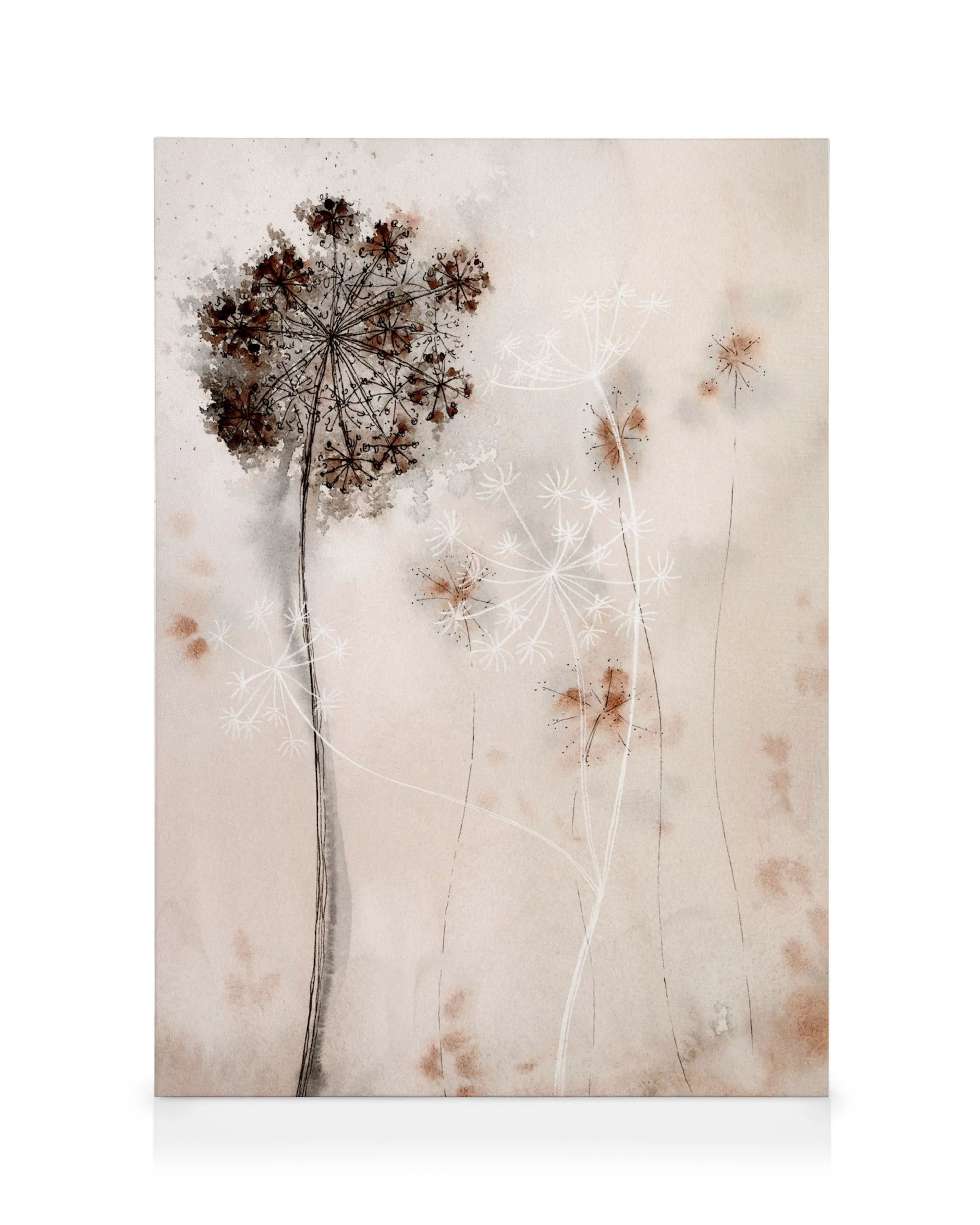 Botanical minimalist canvas print of dried brown flowers and white ethereal shapes on a beige background.