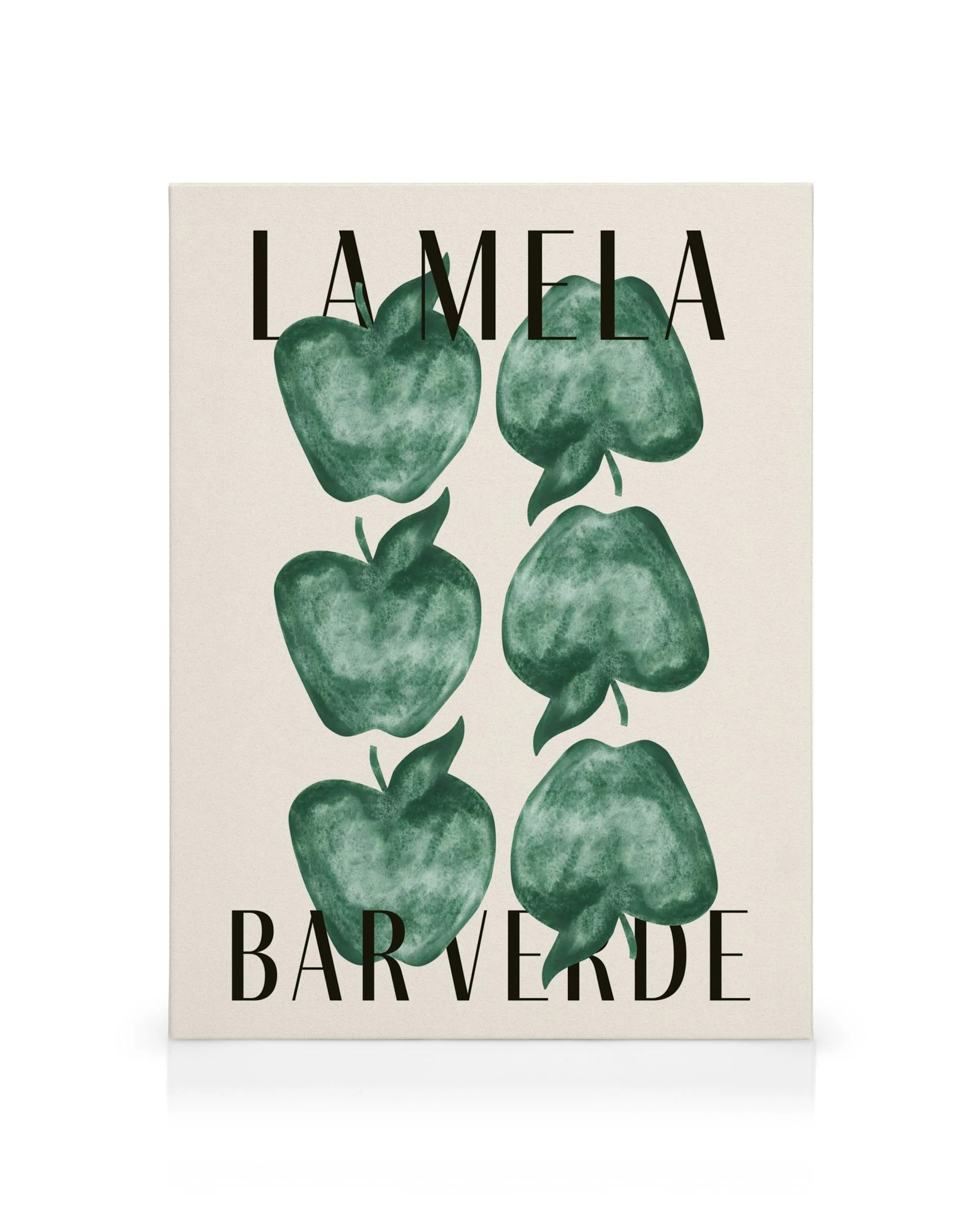 La Mela Canvas print with eight green apples and black text on a light beige background, stylish wall art.