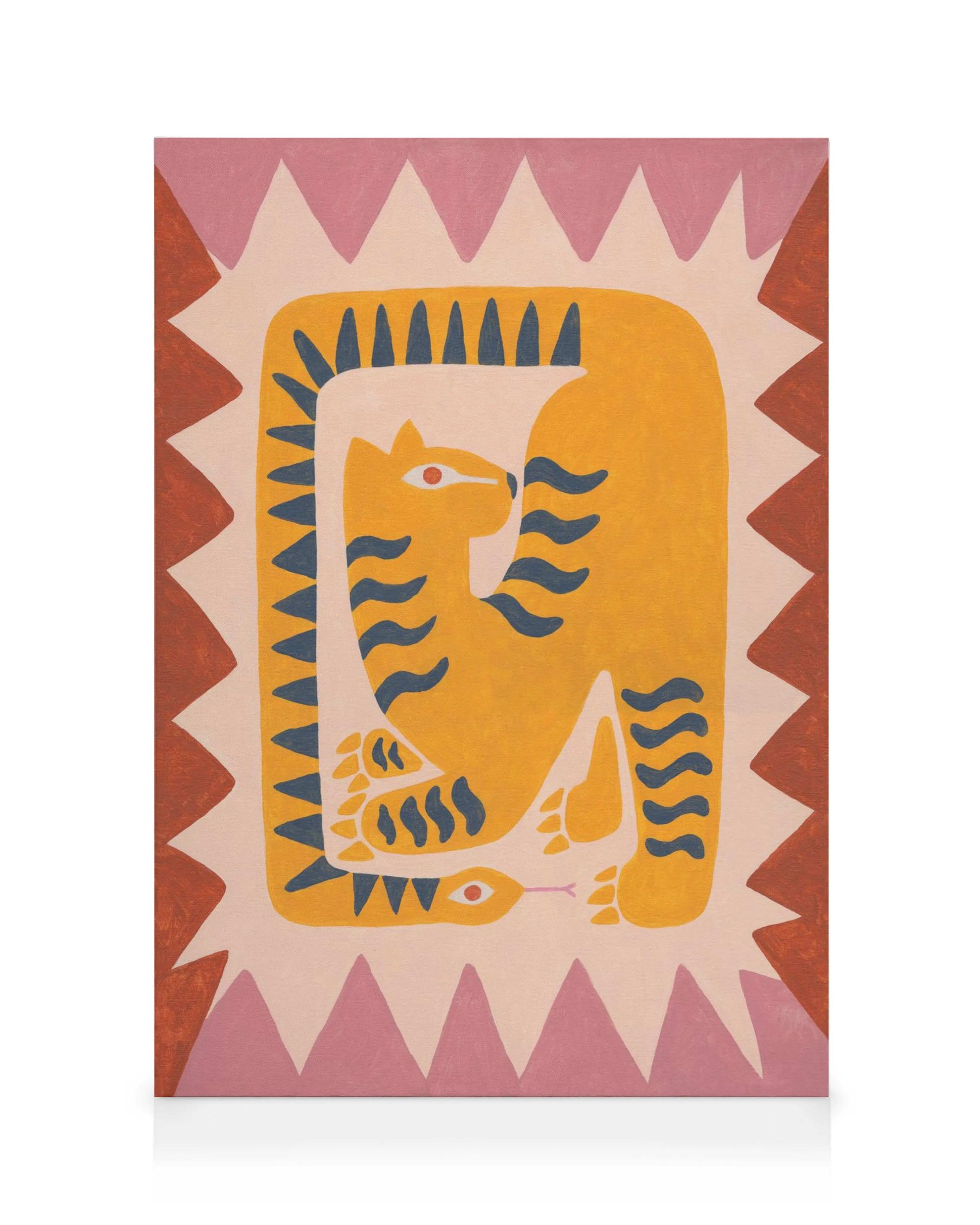 Toile colorée dun tigre stylisé en orange et jaune avec des rayures bleues, entouré dun motif angulaire