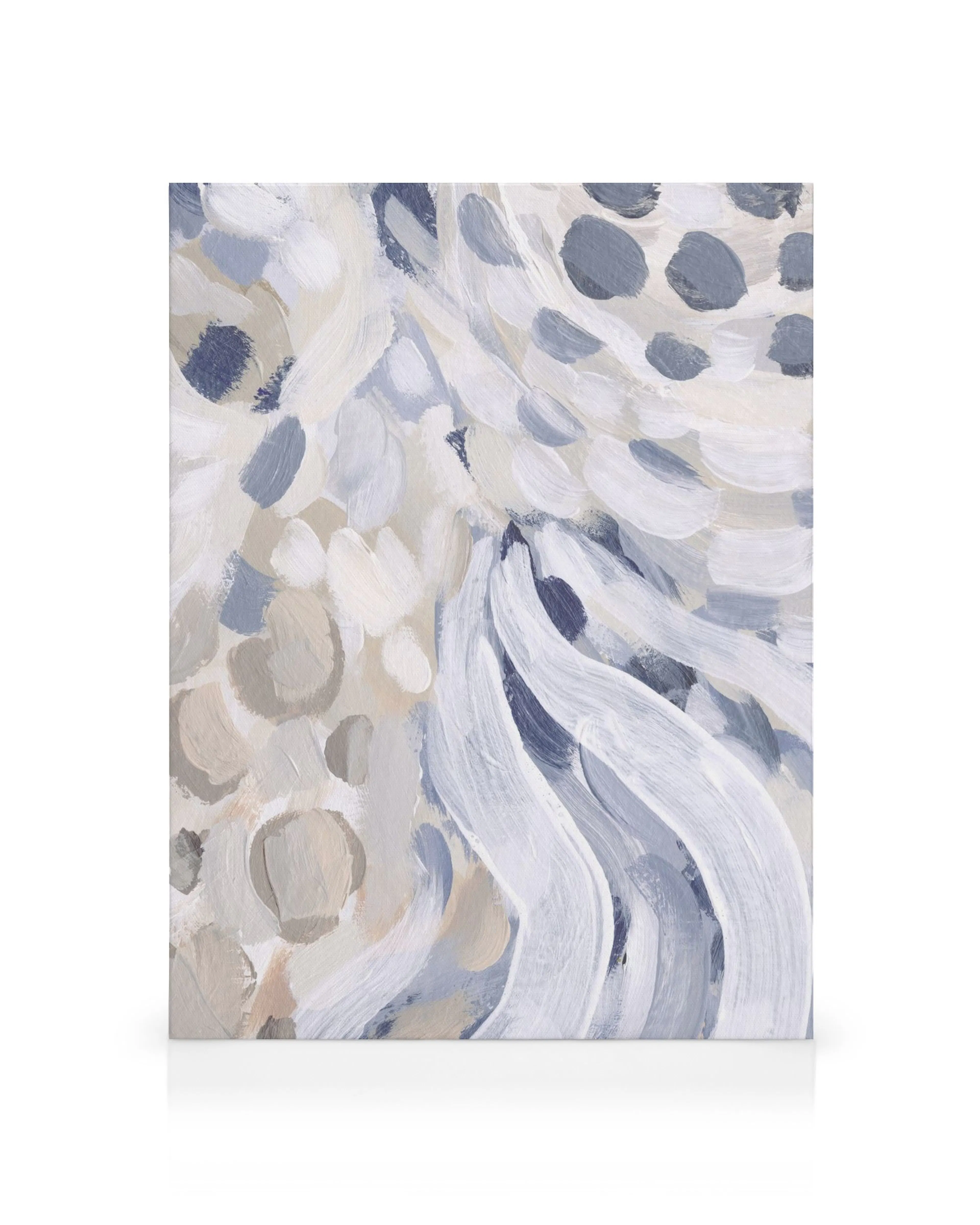 Toile La Campagne No2 à coups de pinceau blancs, gris et bleus sur fond blanc, avec motifs artistiques.