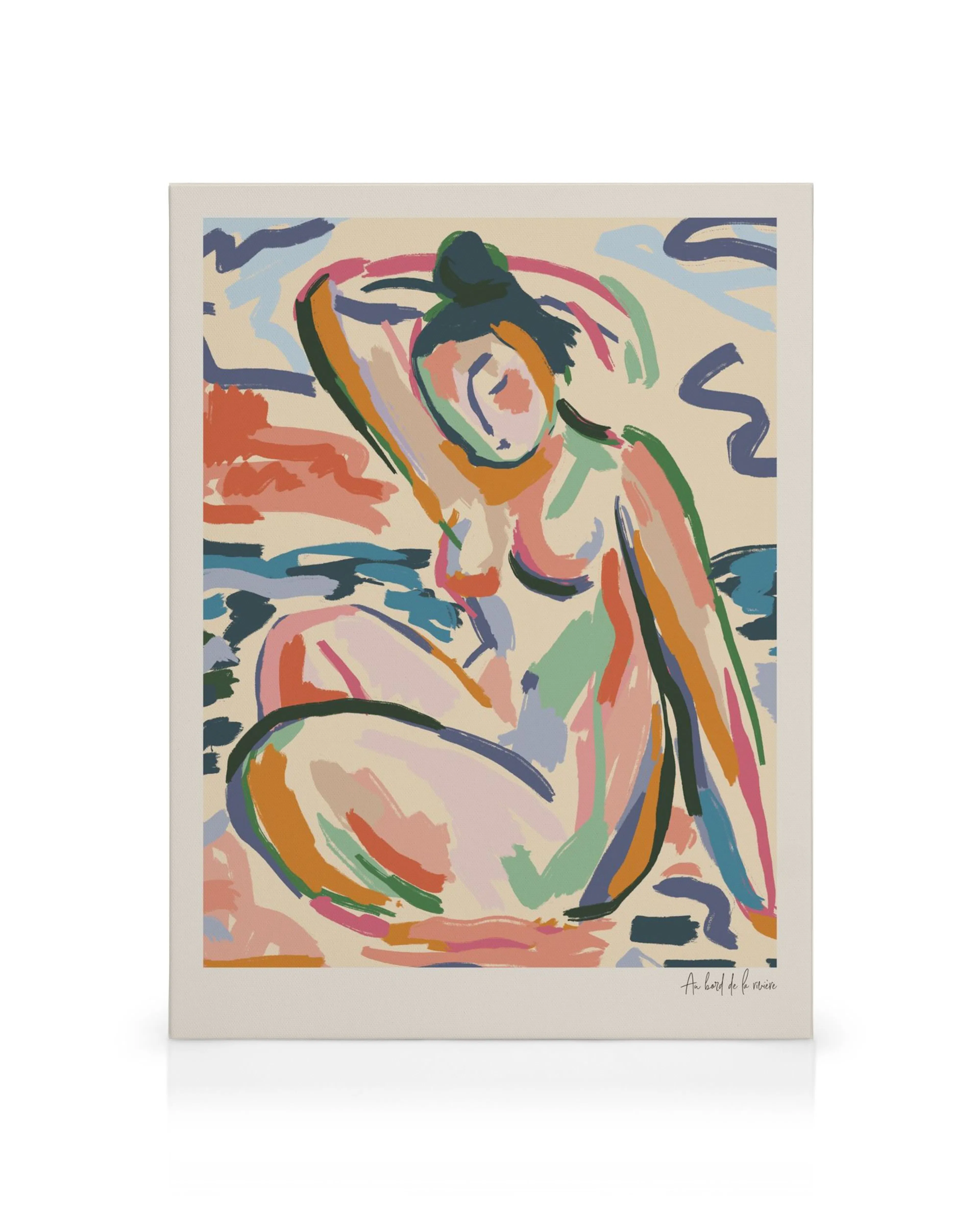 Leinwandbild einer sitzenden Frau am Fluss, in abstrakten Pinselstrichen mit Pastellfarben in Rosa, Blau, Grün und Orange.