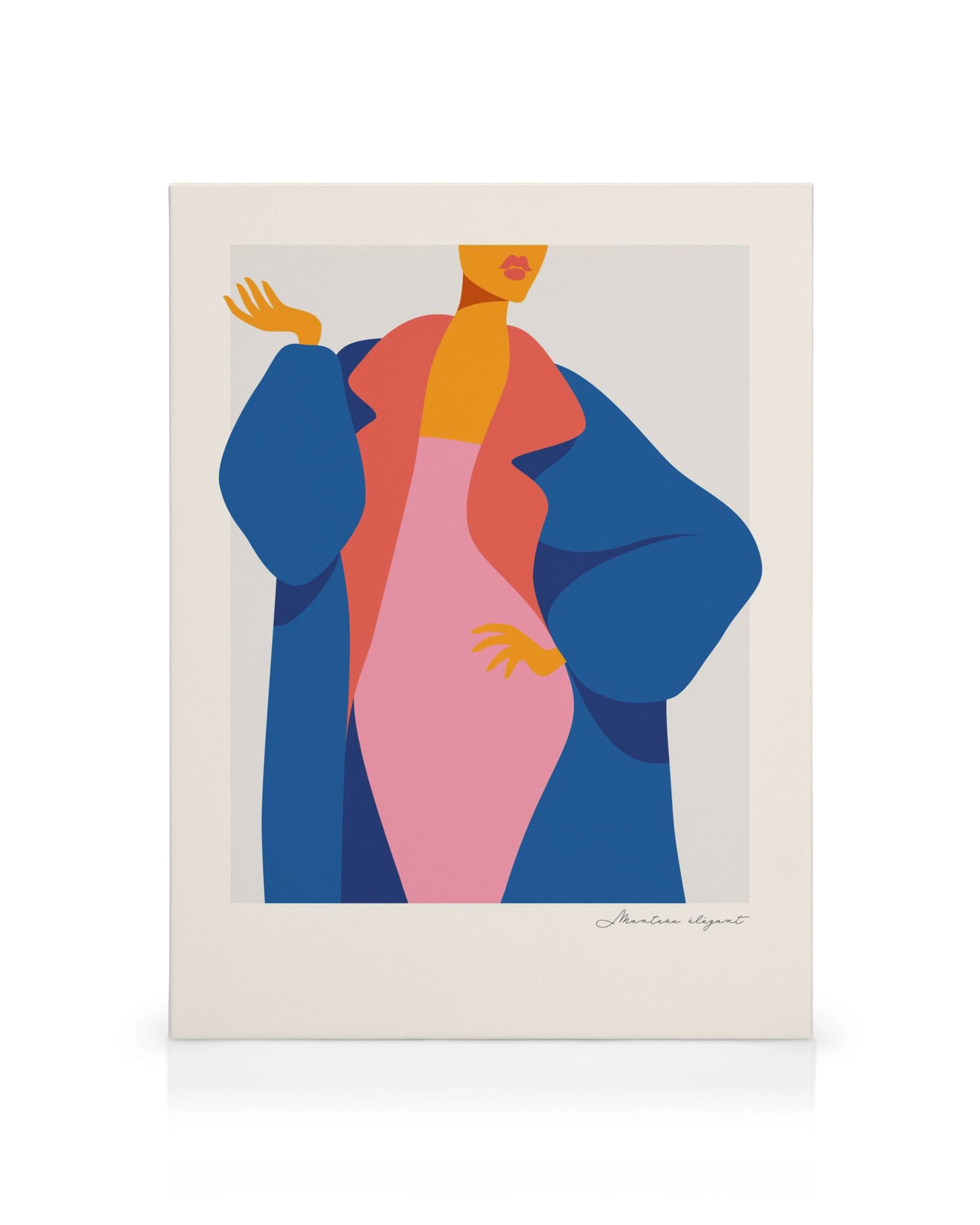Abstract illustration of an elegant woman in a large blue coat over a pink dress, ideal for modern art canvas prints.