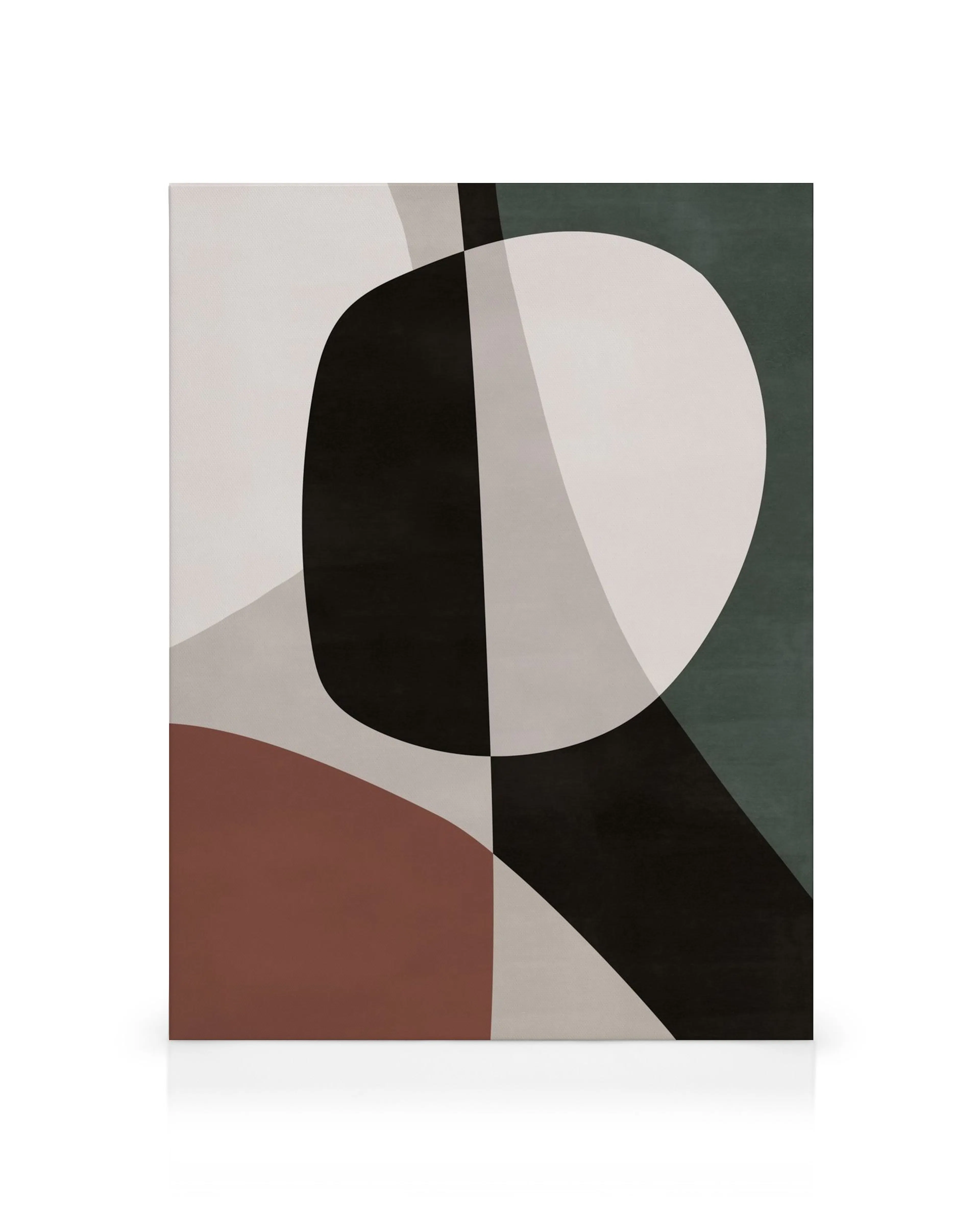 Block Shapes No1 canvas print with layered organic shapes in black, green, terracotta, and light grey.