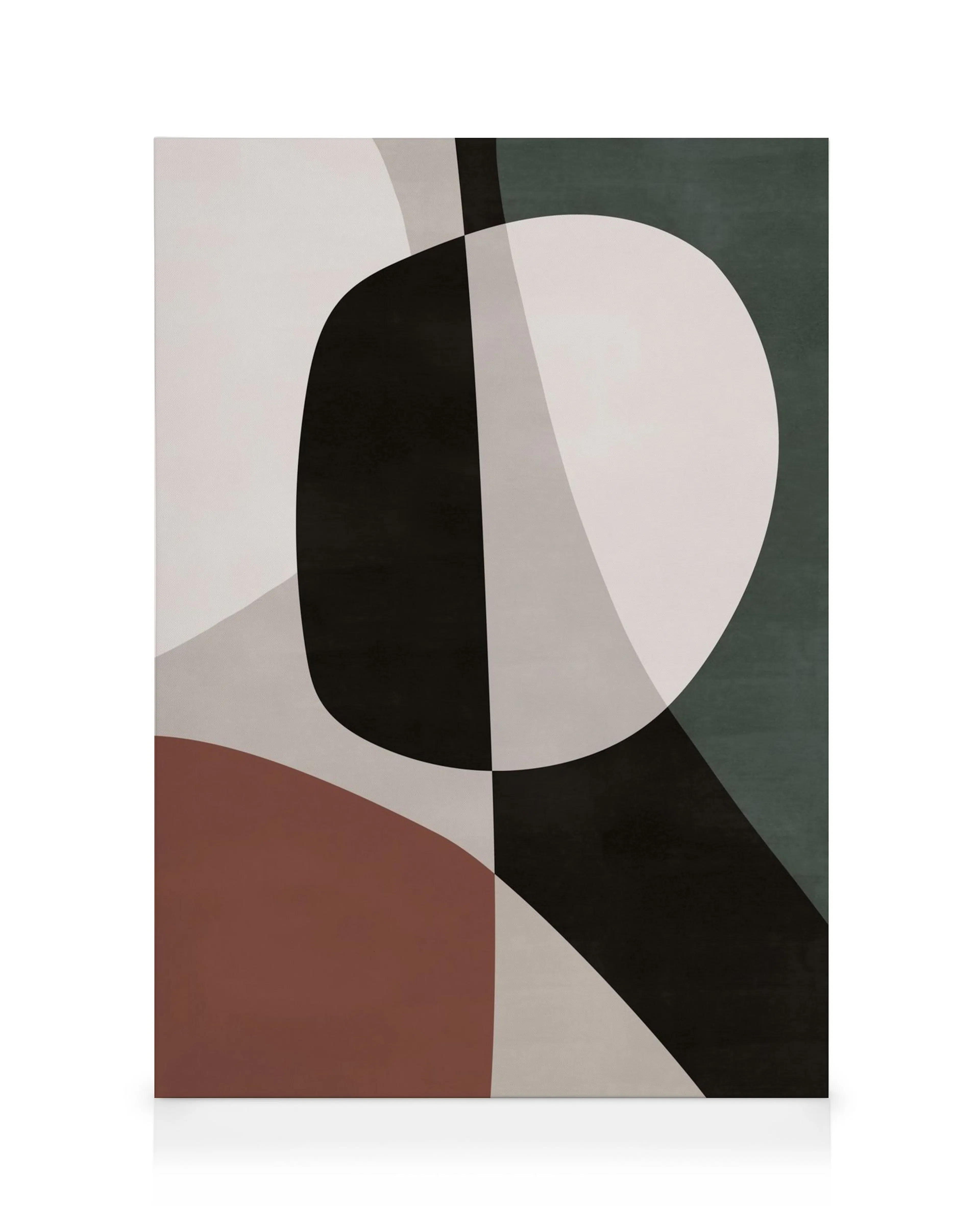 Leinwand mit organischen Formen in Schwarz, Weiss, Braun und Grün auf hellem Hintergrund, Block Shapes No1.