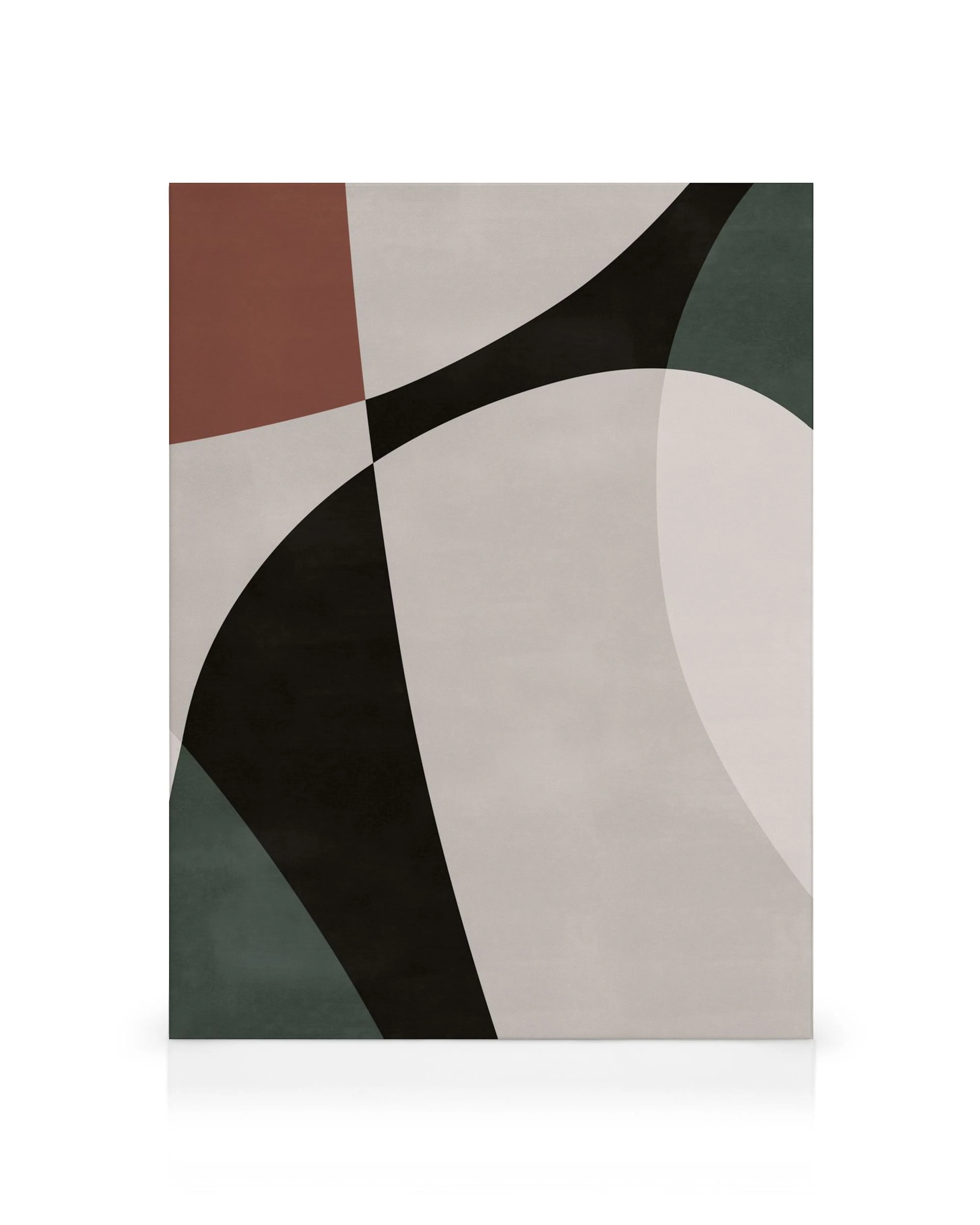 Geometrisches Leinwandbild mit abstrakten Formen in Schwarz, Weiß, Grün und Rostrot, moderne Kunst.