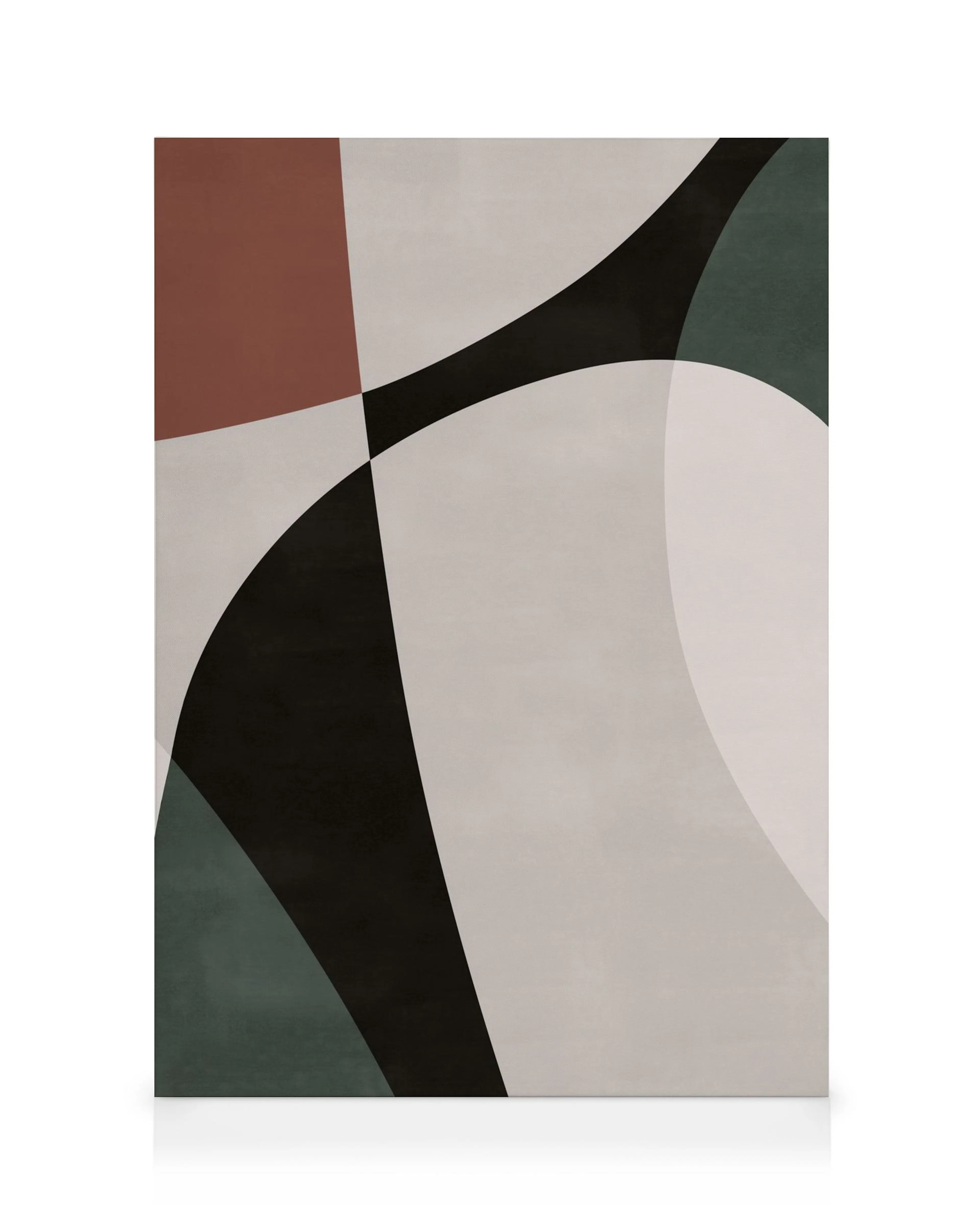Leinwand mit abstrakten Blockformen in Schwarz, Weiss, Braun und Grün, dynamische Kurven und geometrische Muster.