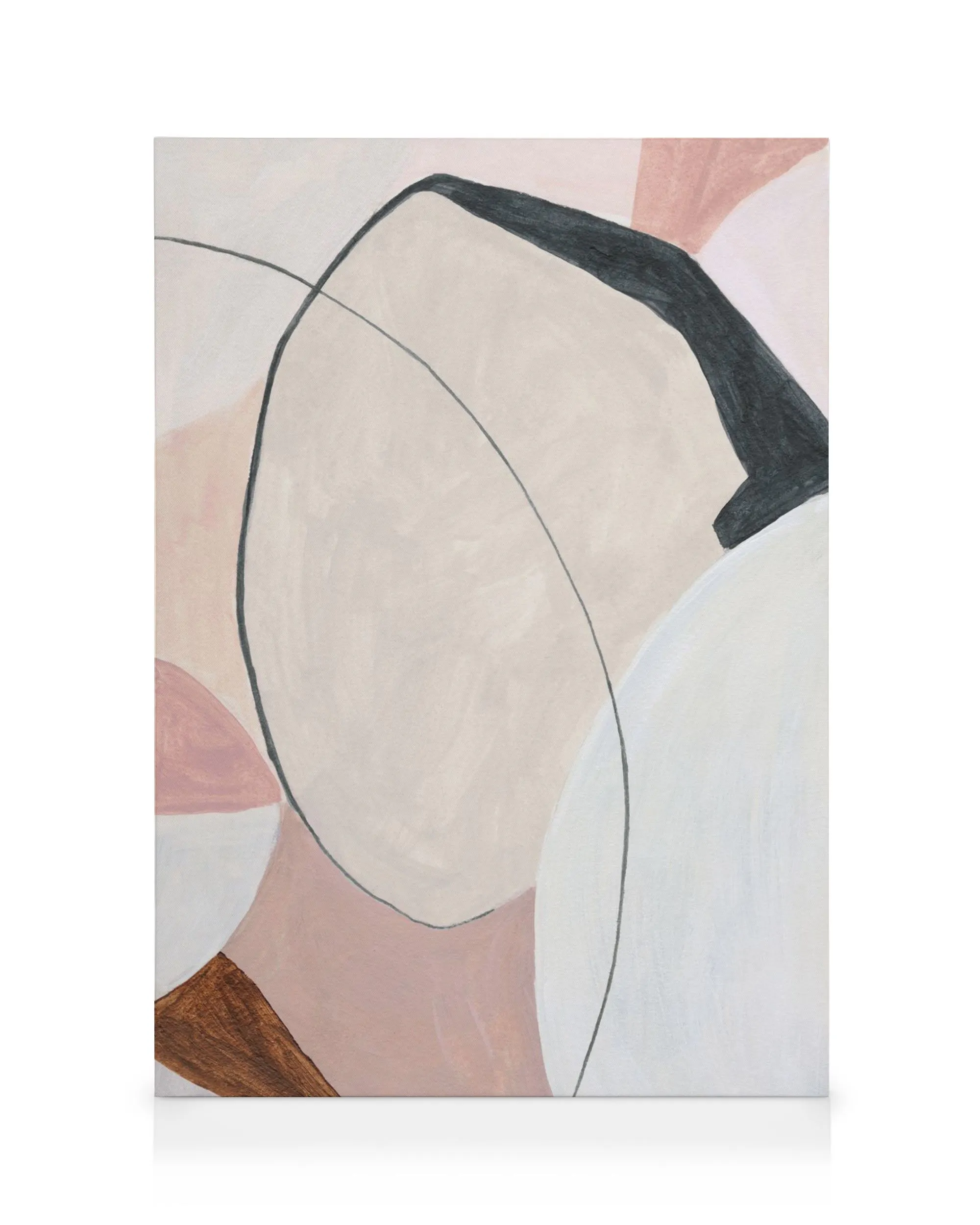 Lienzo abstracto con formas superpuestas en tonos rosa empolvado, blanco, beige y marrón, ideal para decoración de pared.