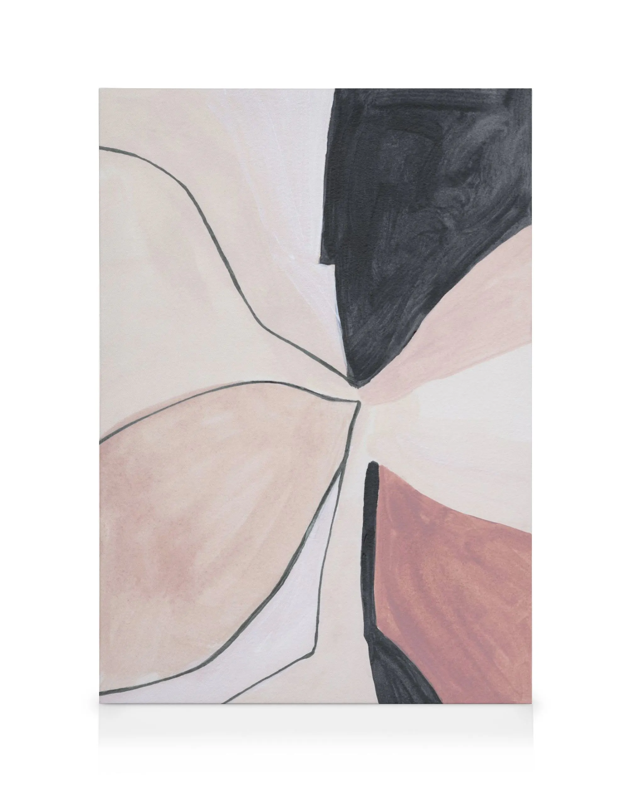 Dusty pink and charcoal abstract canvas print with fluid organic shapes and black outlines.