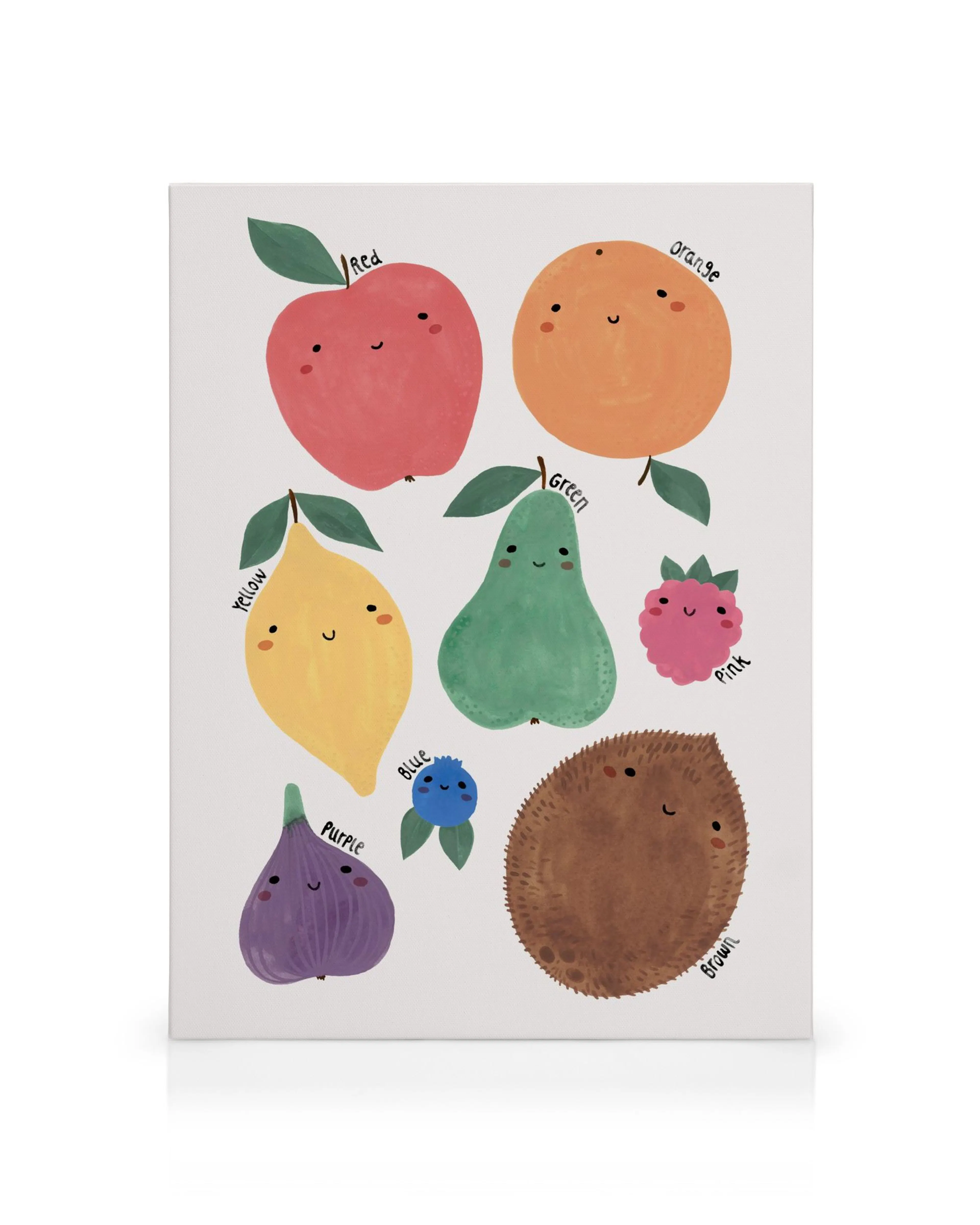 Buntes Leinwandbild mit lächelnden Früchten: Apfel, Orange, Zitrone, Birne, Himbeere, Heidelbeere, Feige und Kiwi.