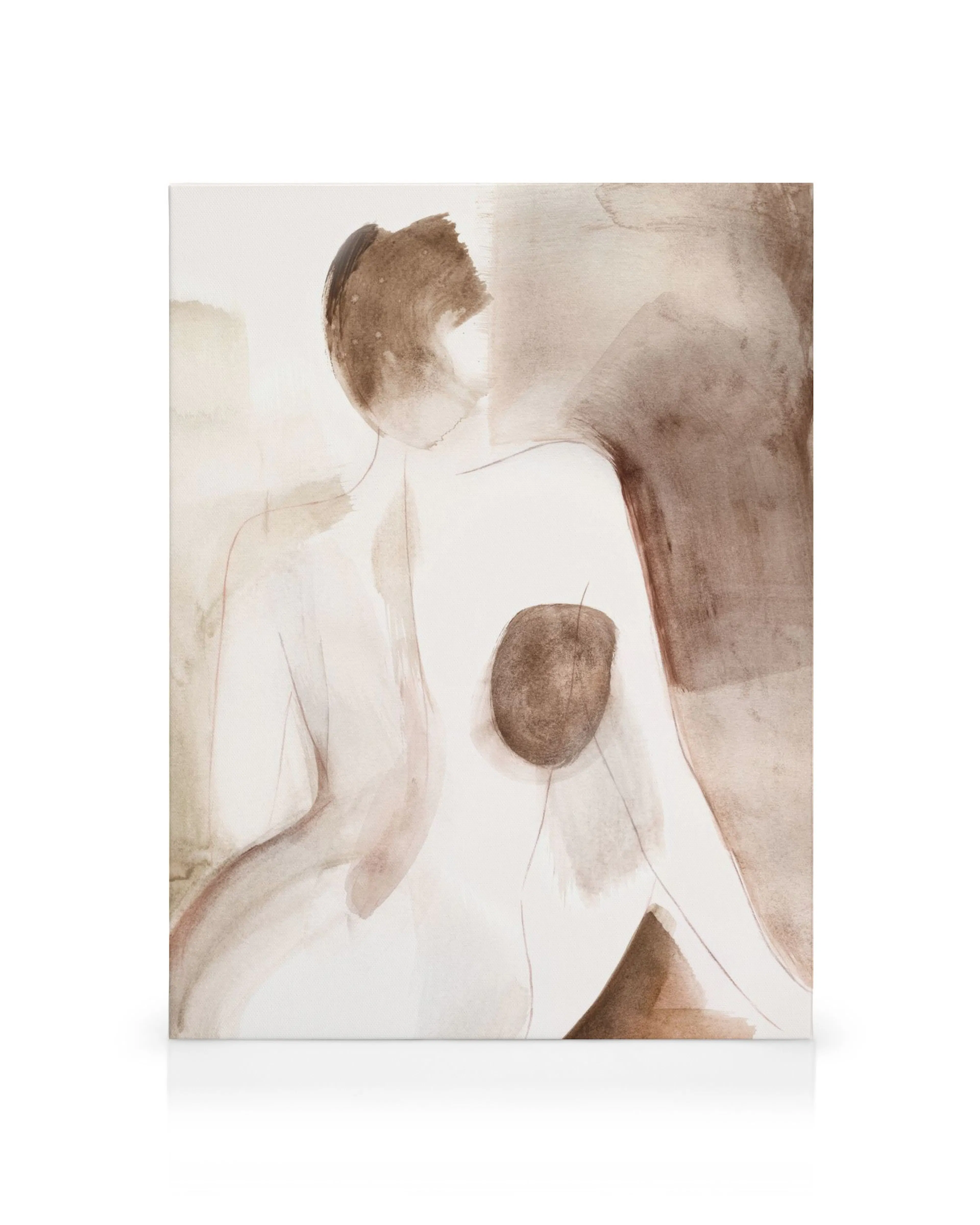 Femme Shapes Watercolor No. 2 canvas print features a nude female form in warm brown watercolor washes, with subtle lines.