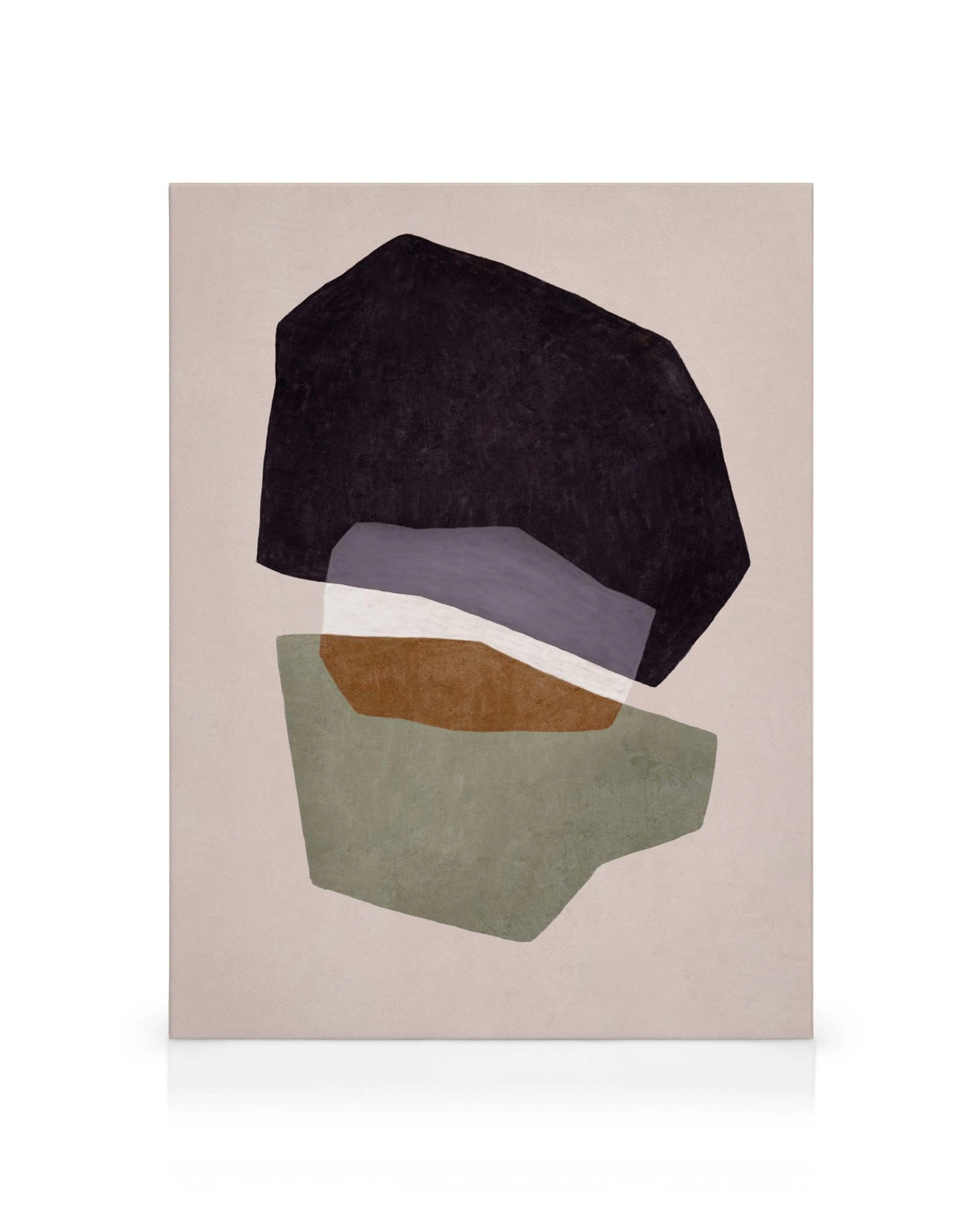 Abstract Composition No1 canvas print with overlapping purple, white, brown, and green shapes on a beige texture background.
