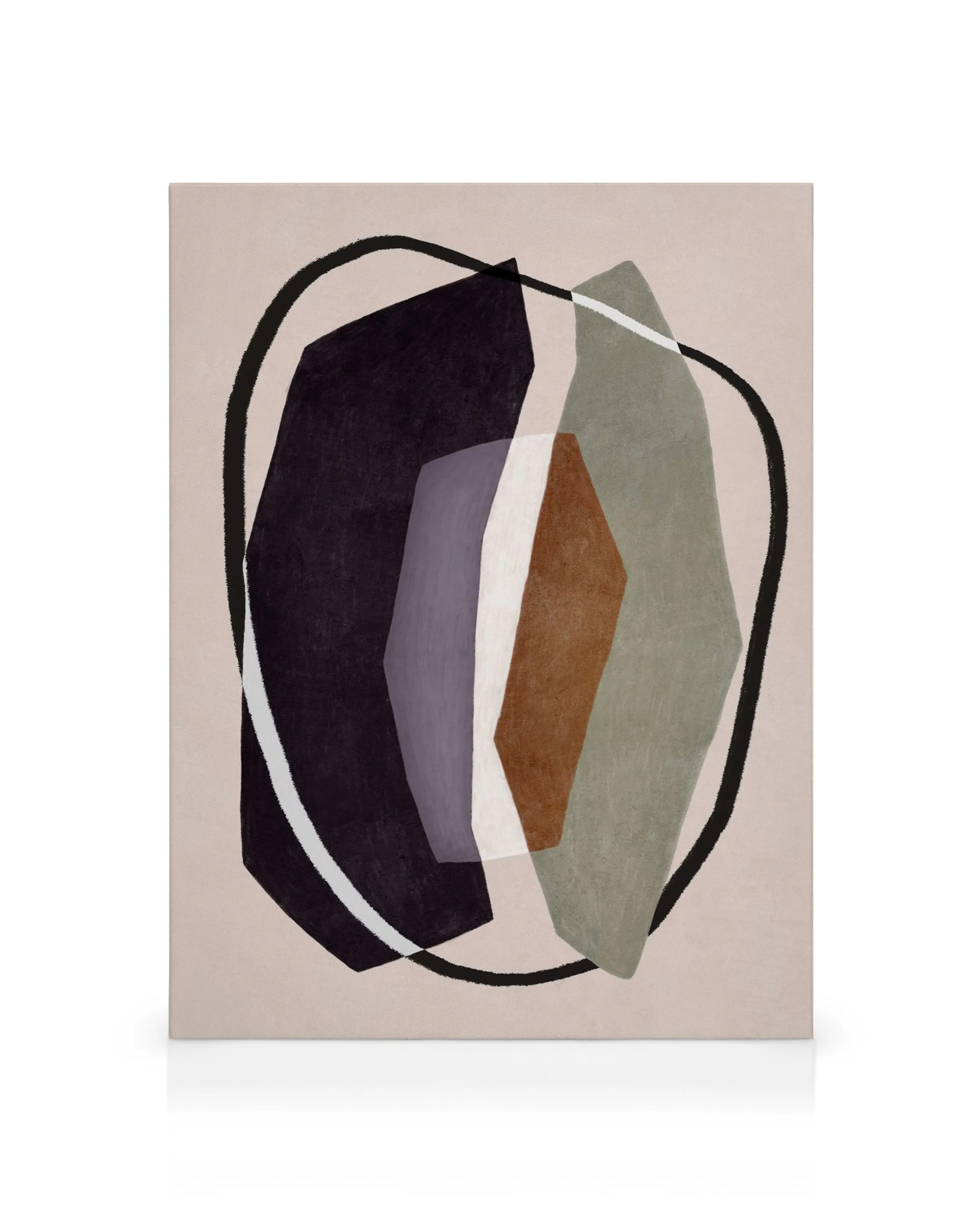 Stampa su tela astratta con forme sovrapposte in nero, viola, bianco, marrone e verde, su sfondo beige.