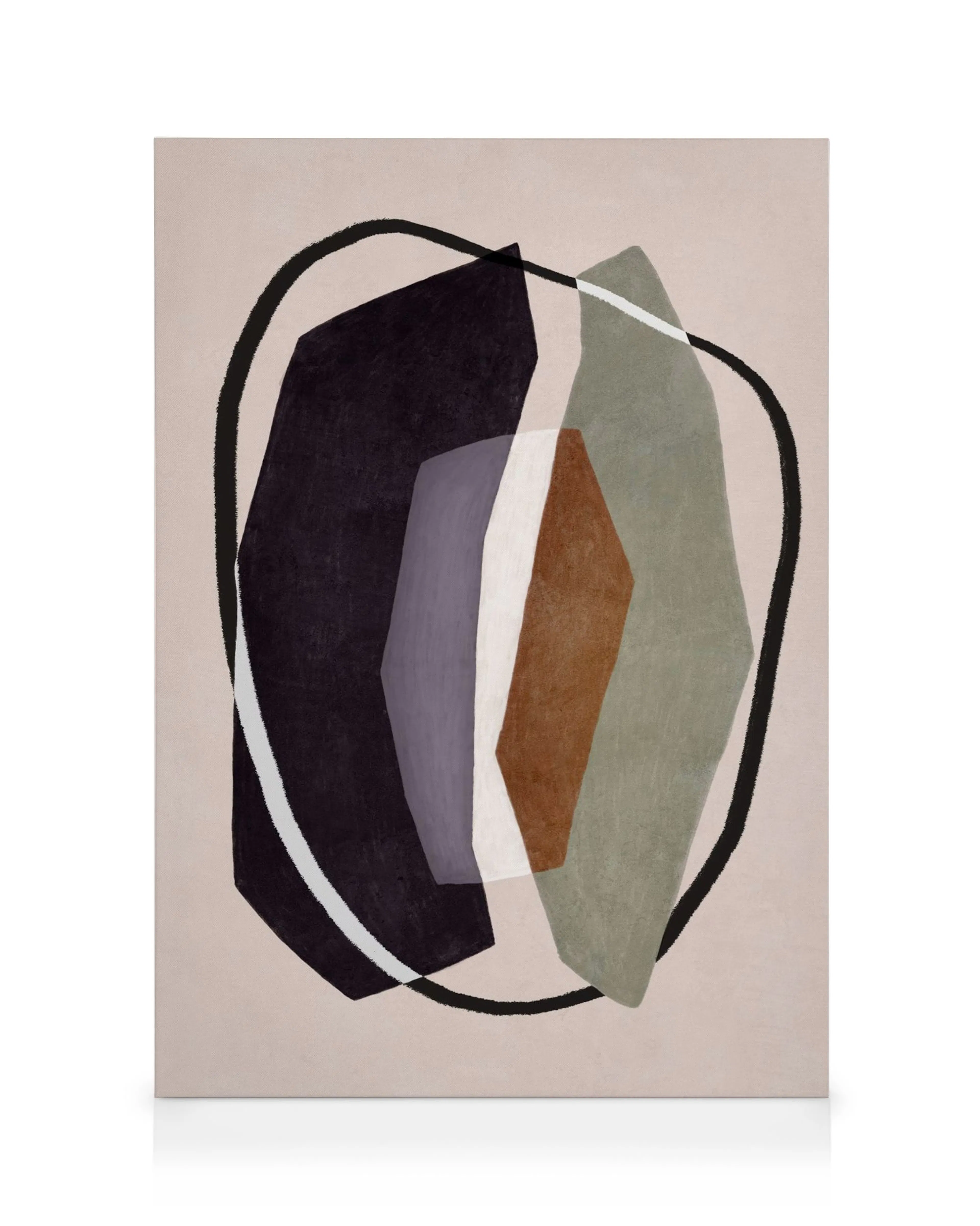 Stampa su tela astratta con forme sovrapposte in nero, viola, bianco, marrone e verde, su sfondo beige.