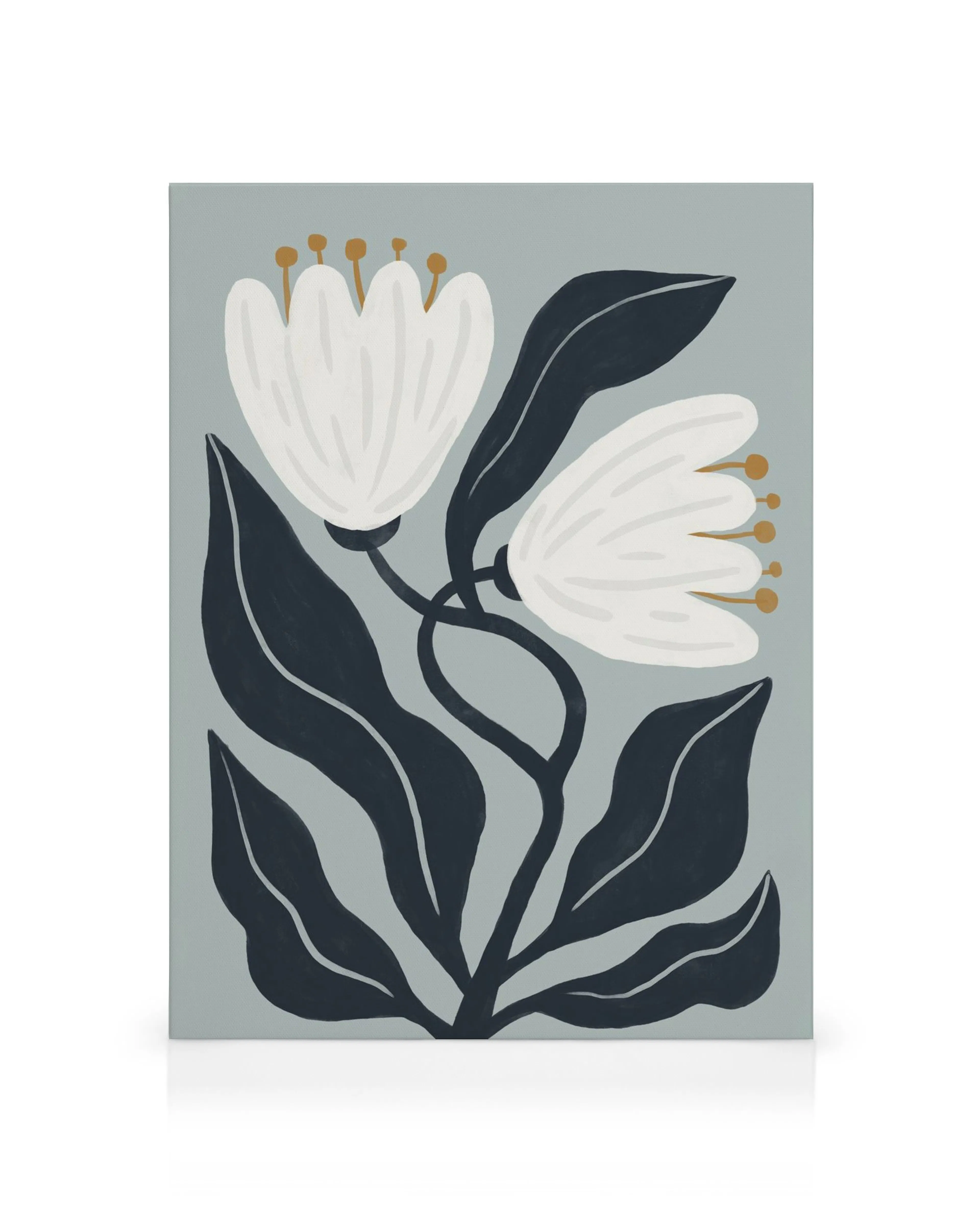 Graphic floral canvas print with white flowers, yellow centers, and dark leaves on a light gray background.