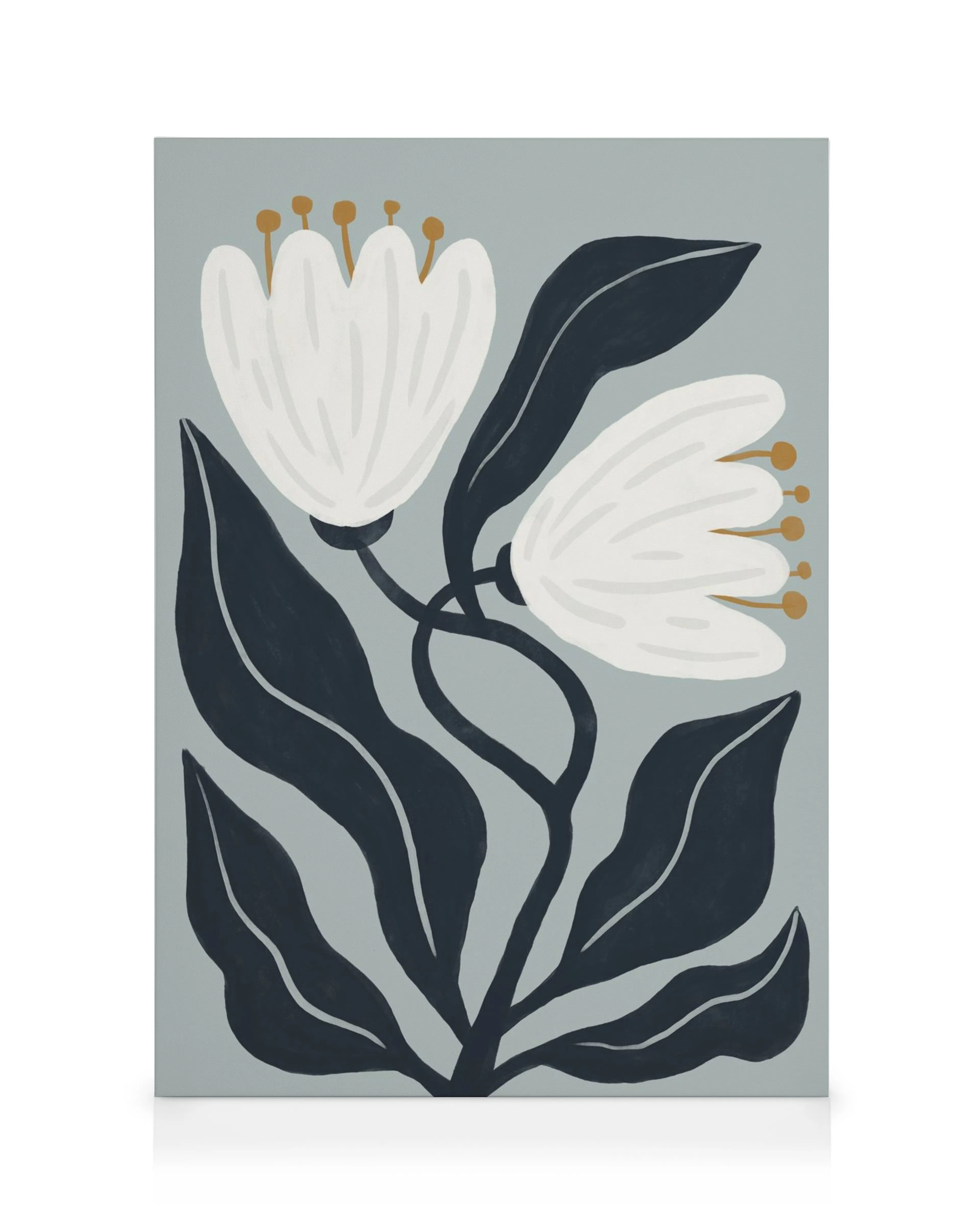 Graphic Florals No2 canvas print, with two white flowers, yellow centers, black outlines, and dark leaves on light grey.