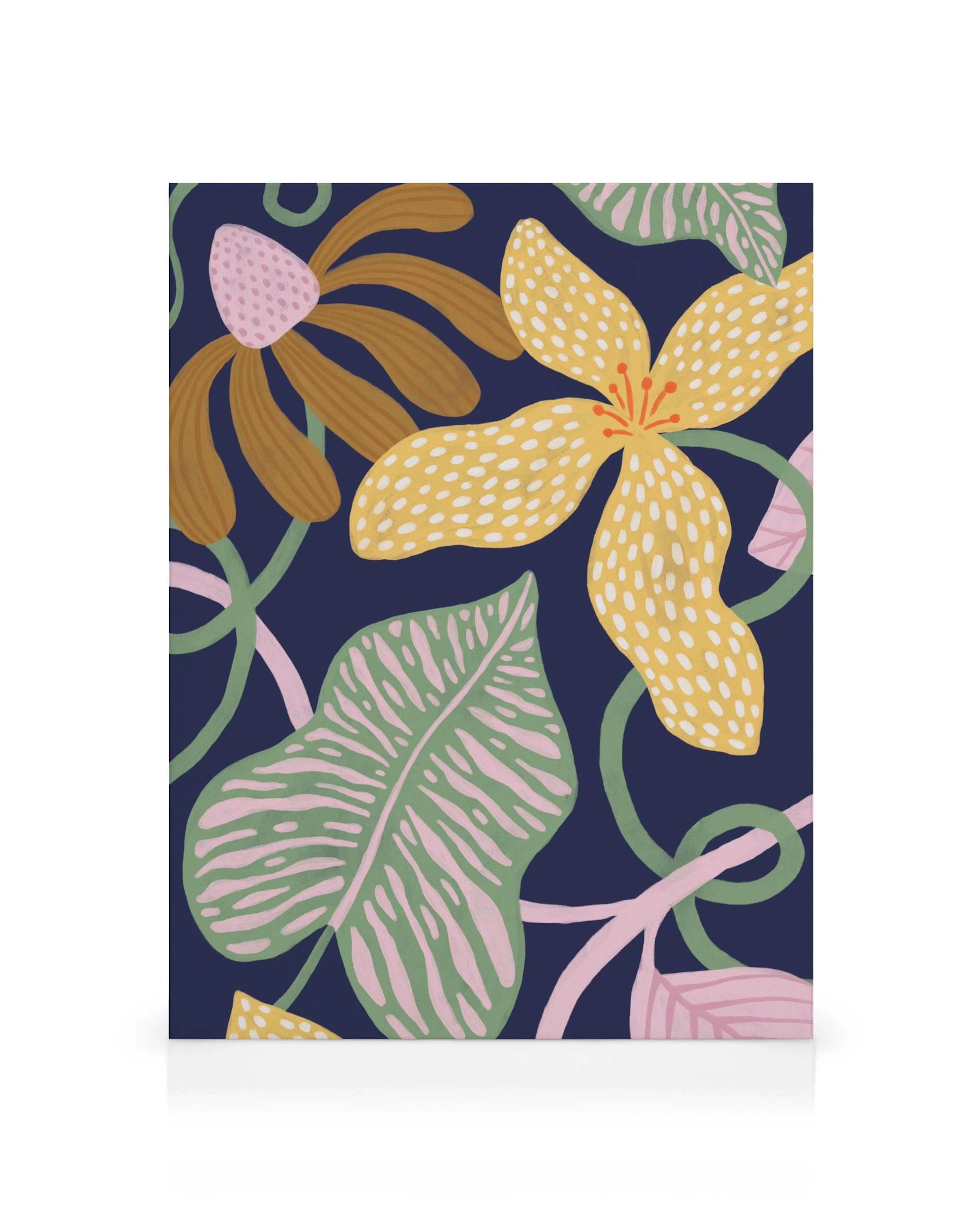 Jungle Vines No1 canvas print, featuring stylised yellow, brown, and pink flowers with green leaves and vines on a dark blue bac