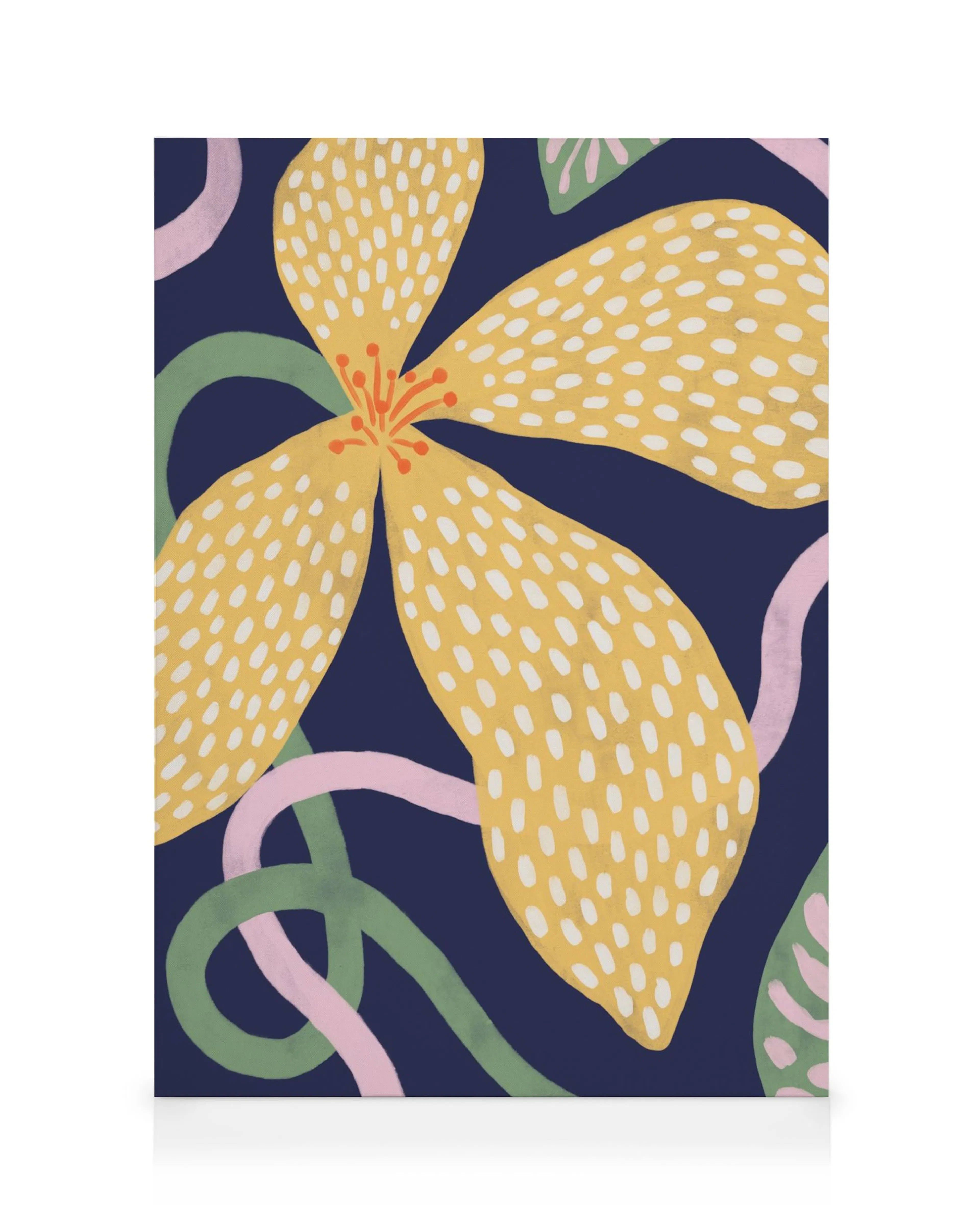 Stylized yellow flower canvas print on dark blue with decorative weaving shapes