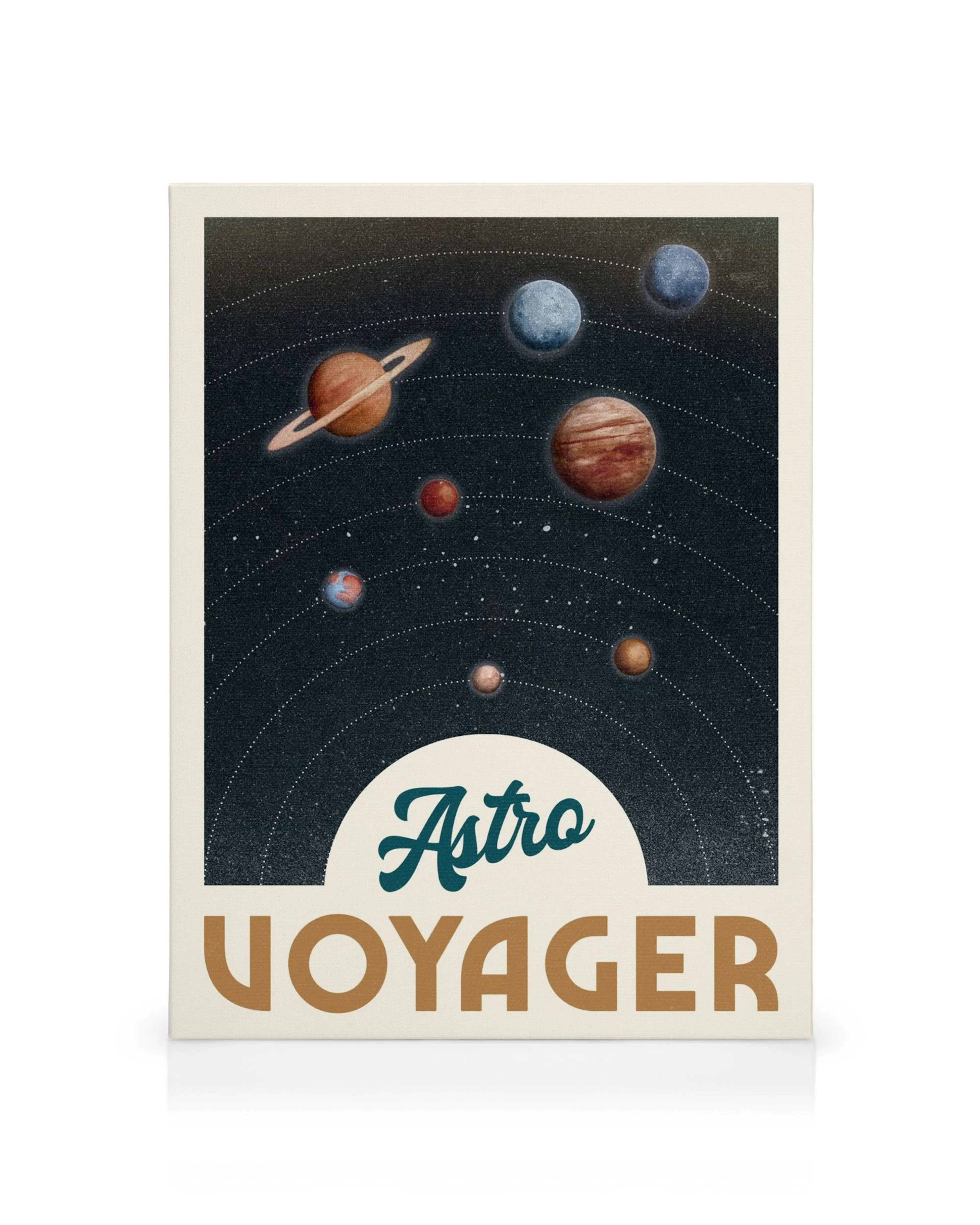 Astro Voyager kanvaasi, jossa on retrotyylinen avaruusaiheinen kuva planeetoista mustalla taustalla ja valkoinen tekstilaatikko 