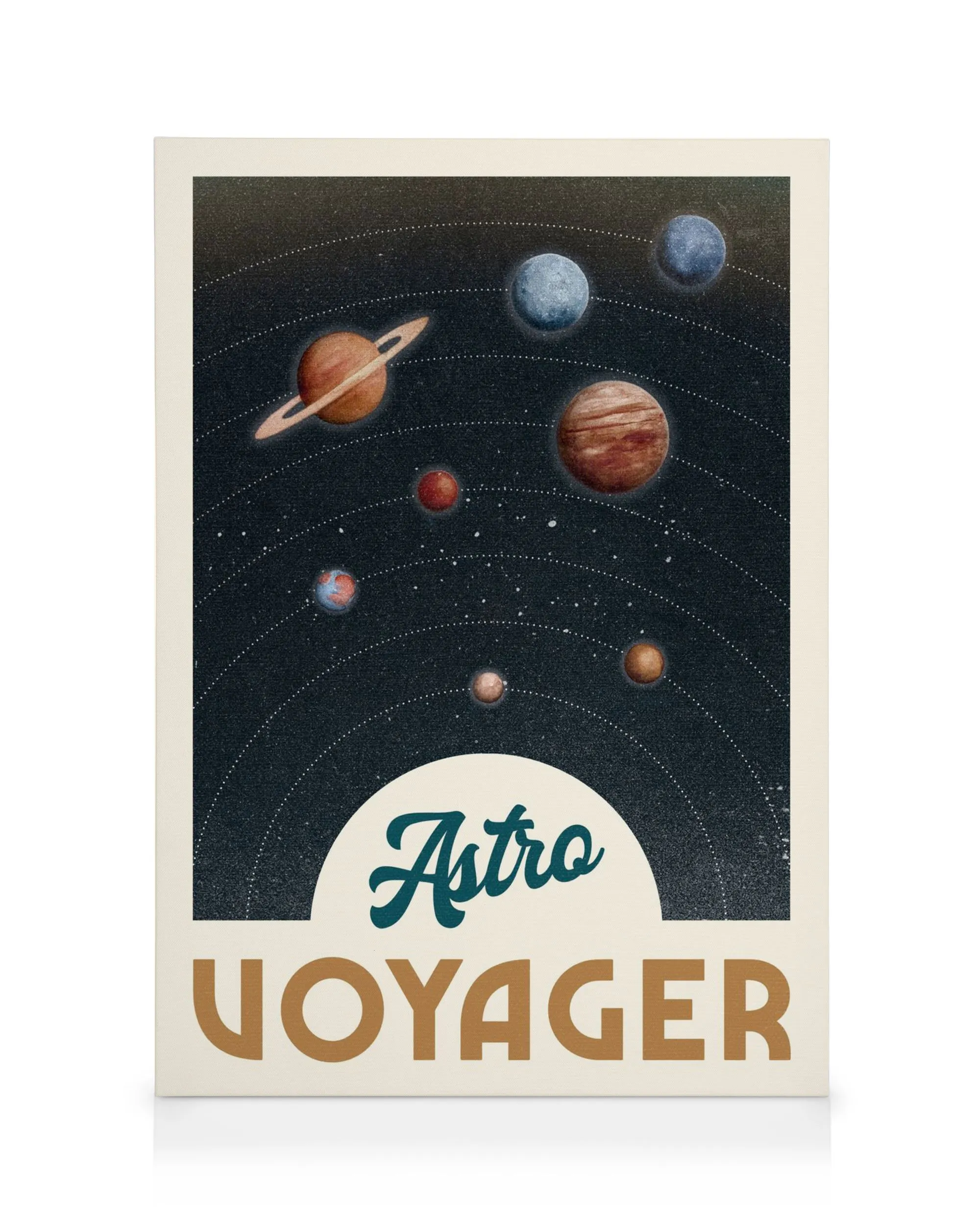 Astro Voyager kanvaasi, jossa on retrotyylinen avaruusaiheinen kuva planeetoista mustalla taustalla ja valkoinen tekstilaatikko