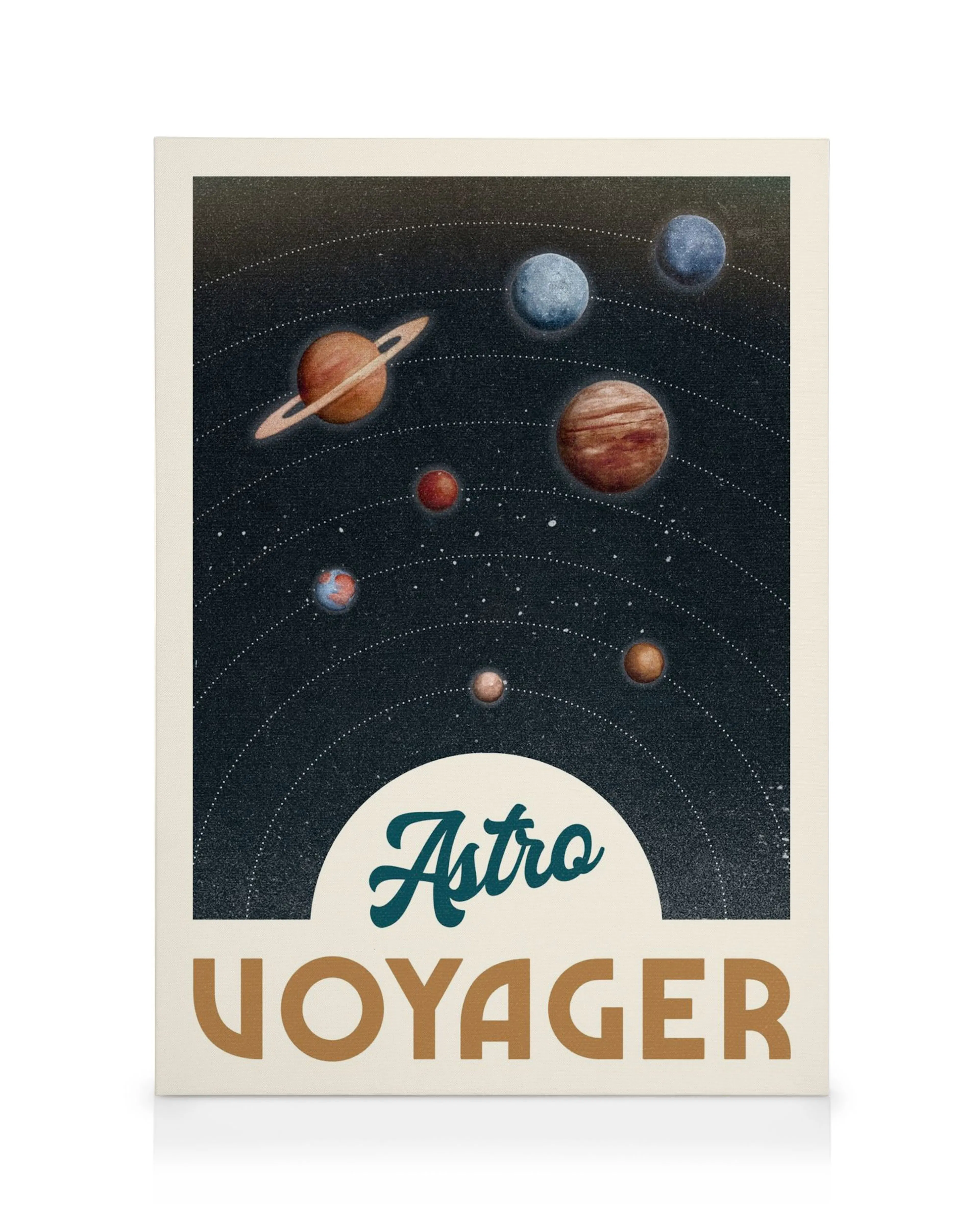 Astro Voyager kanvaasi, jossa on retrotyylinen avaruusaiheinen kuva planeetoista mustalla taustalla ja valkoinen tekstilaatikko 