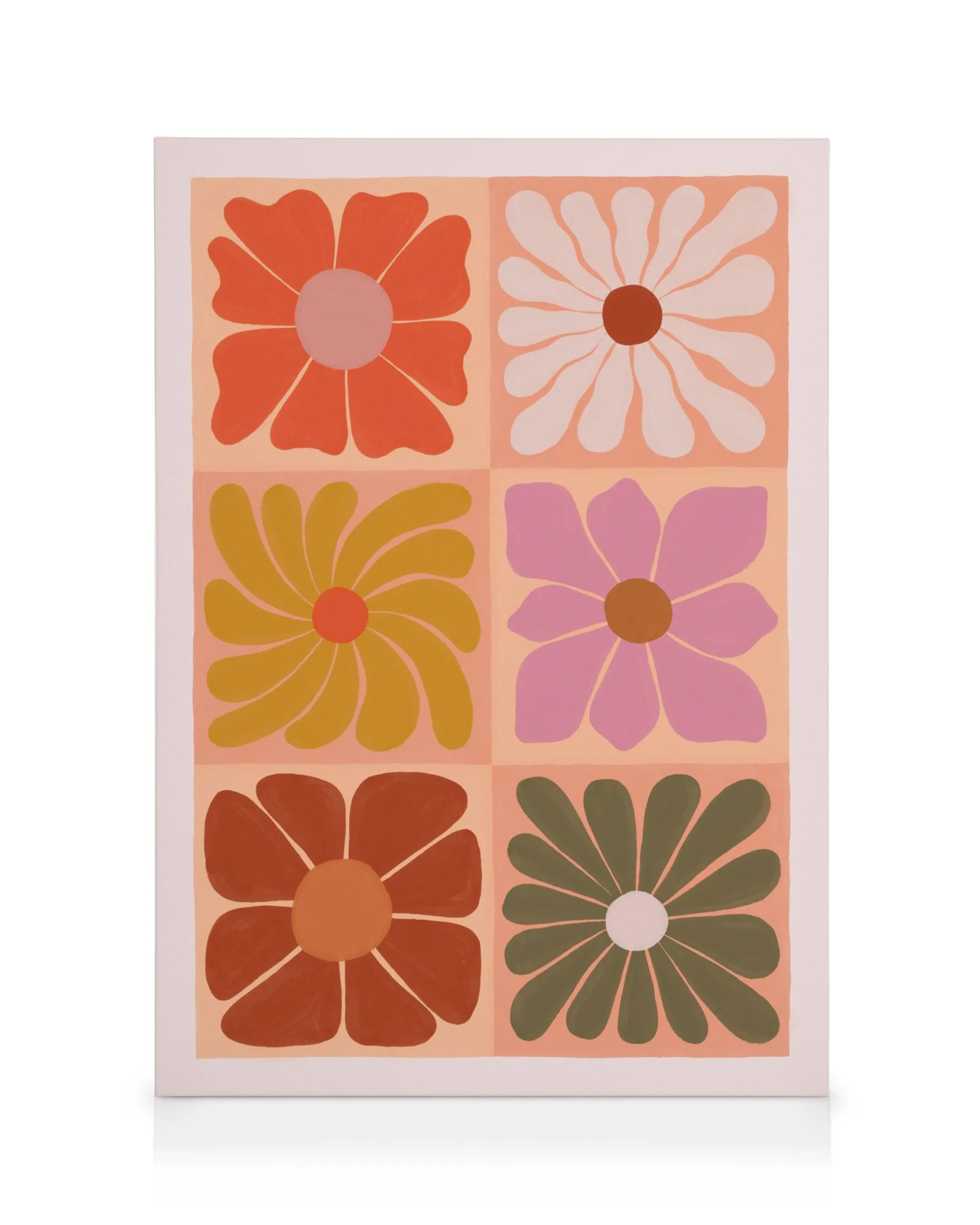 Toile de six fleurs stylisées aux pétales colorés et cœurs sur fond rose, design unique.