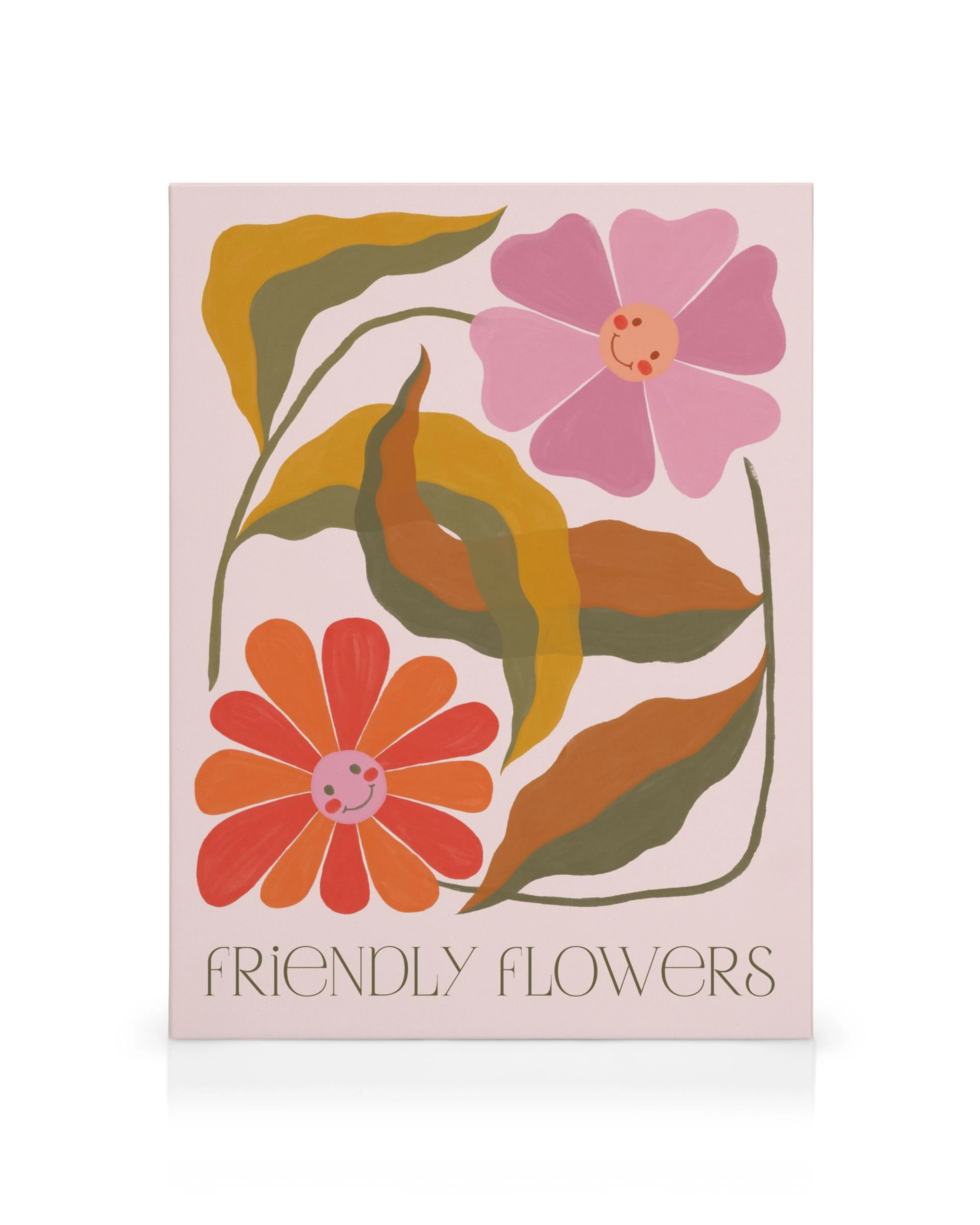 Stampa su tela con due fiori sorridenti, uno rosa e uno arancione, con foglie verdi e marroni su sfondo rosa.