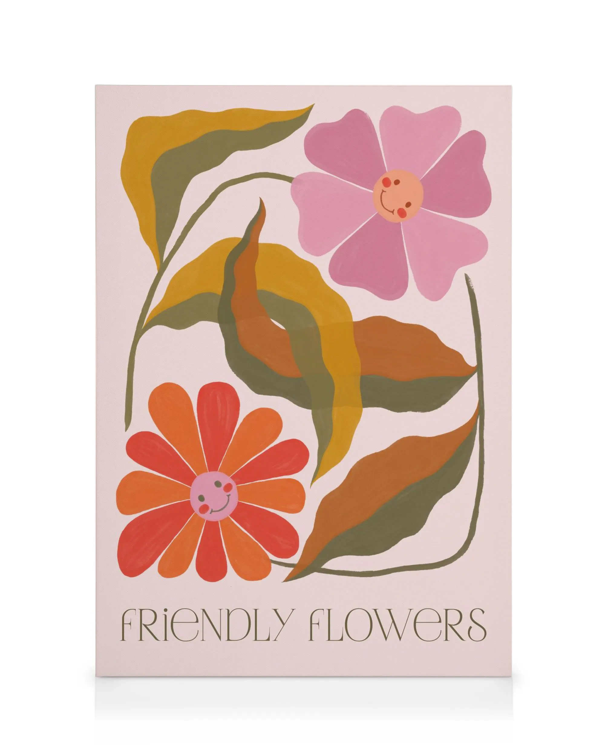 Obraz na plátne Friendly Flowers s ružovými a oranžovými kvetmi, ktoré majú usmiate tváre, a zelenými listami.