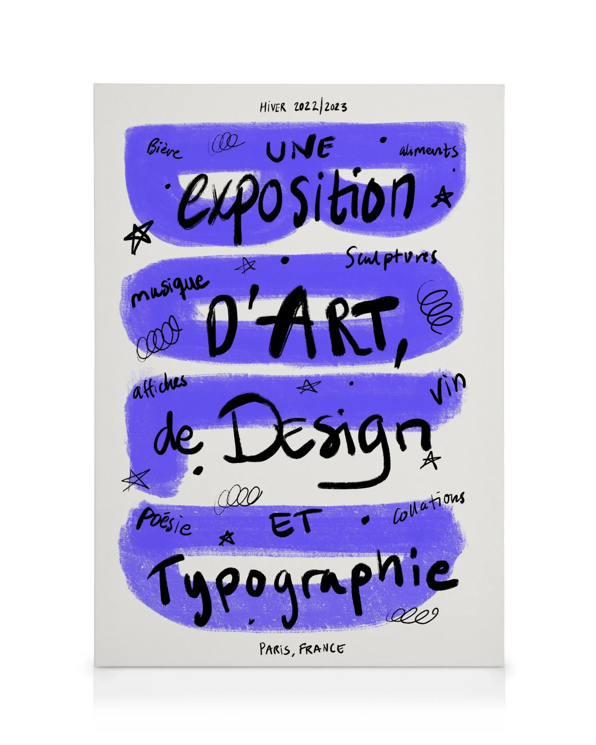 Bold Typography Canvas with purple brushstrokes and black handwritten French text about an art, design, and typography exhibitio