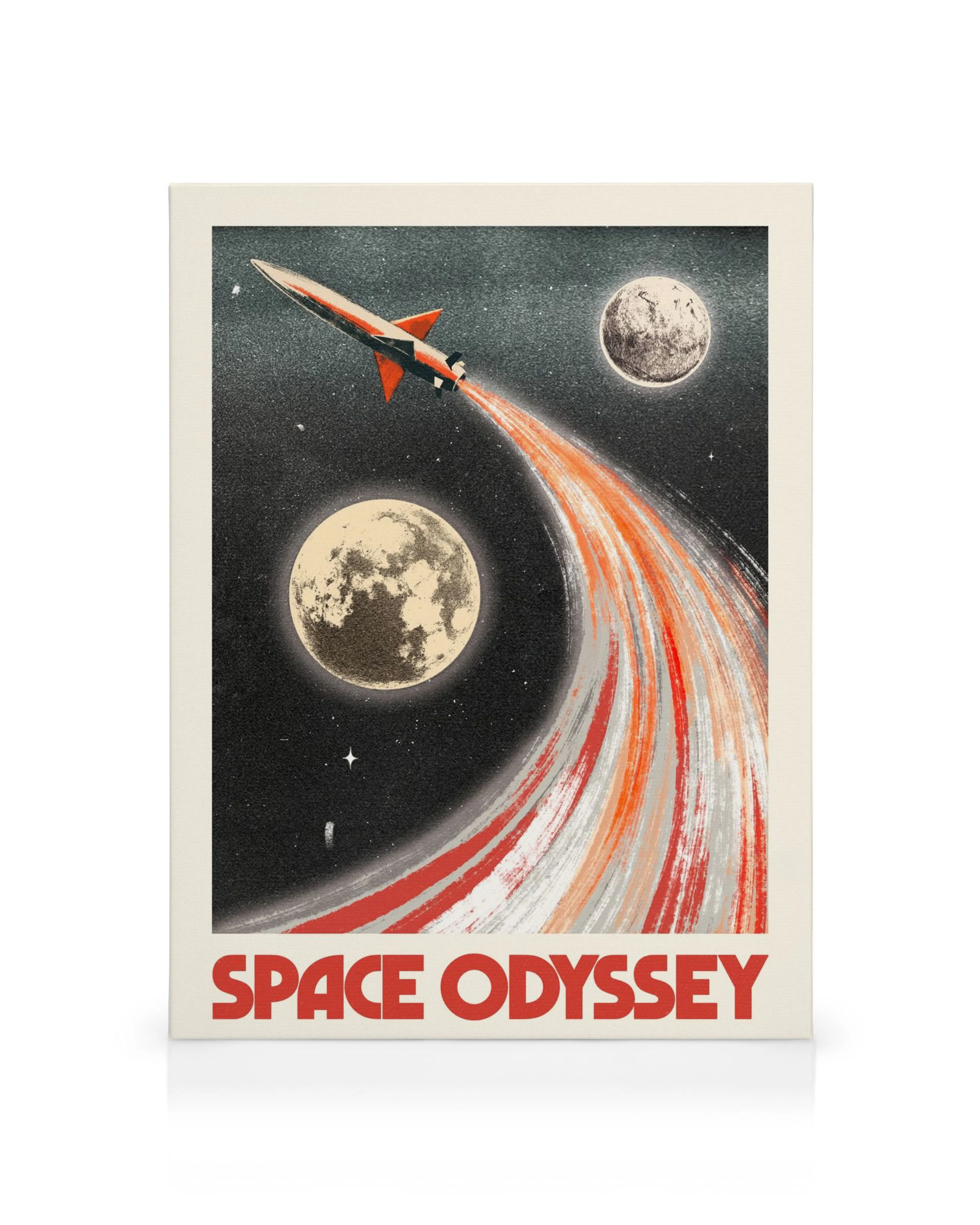 Leinwand mit roter Rakete, die orange-rote Flammen durch sternenklaren Raum mit Planeten und dem Mond ausstösst.