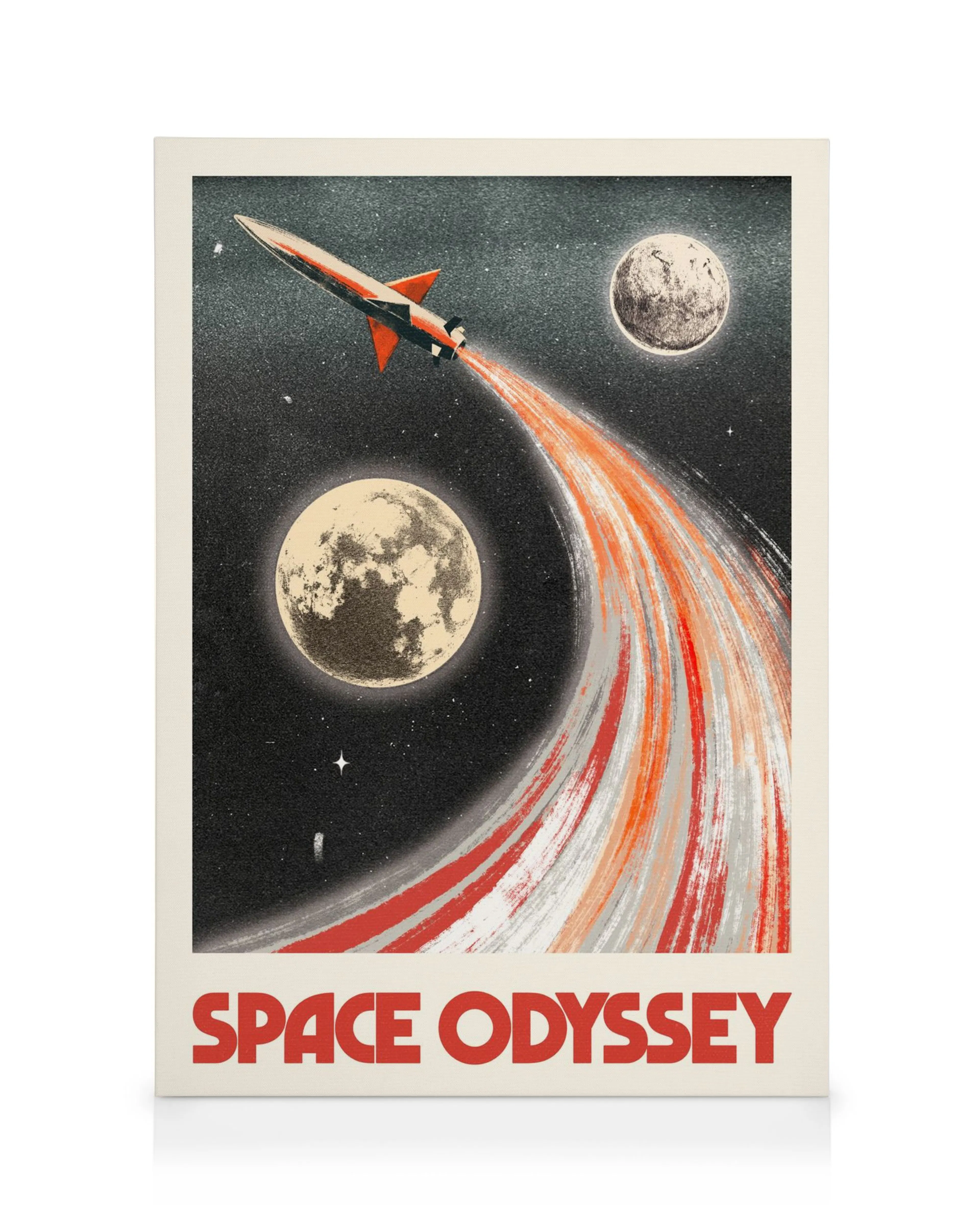 Καμβάς Space Odyssey με πύραυλο που εκτοξεύεται από τη Γη, περνώντας από το φεγγάρι, σε ρετρό στυλ