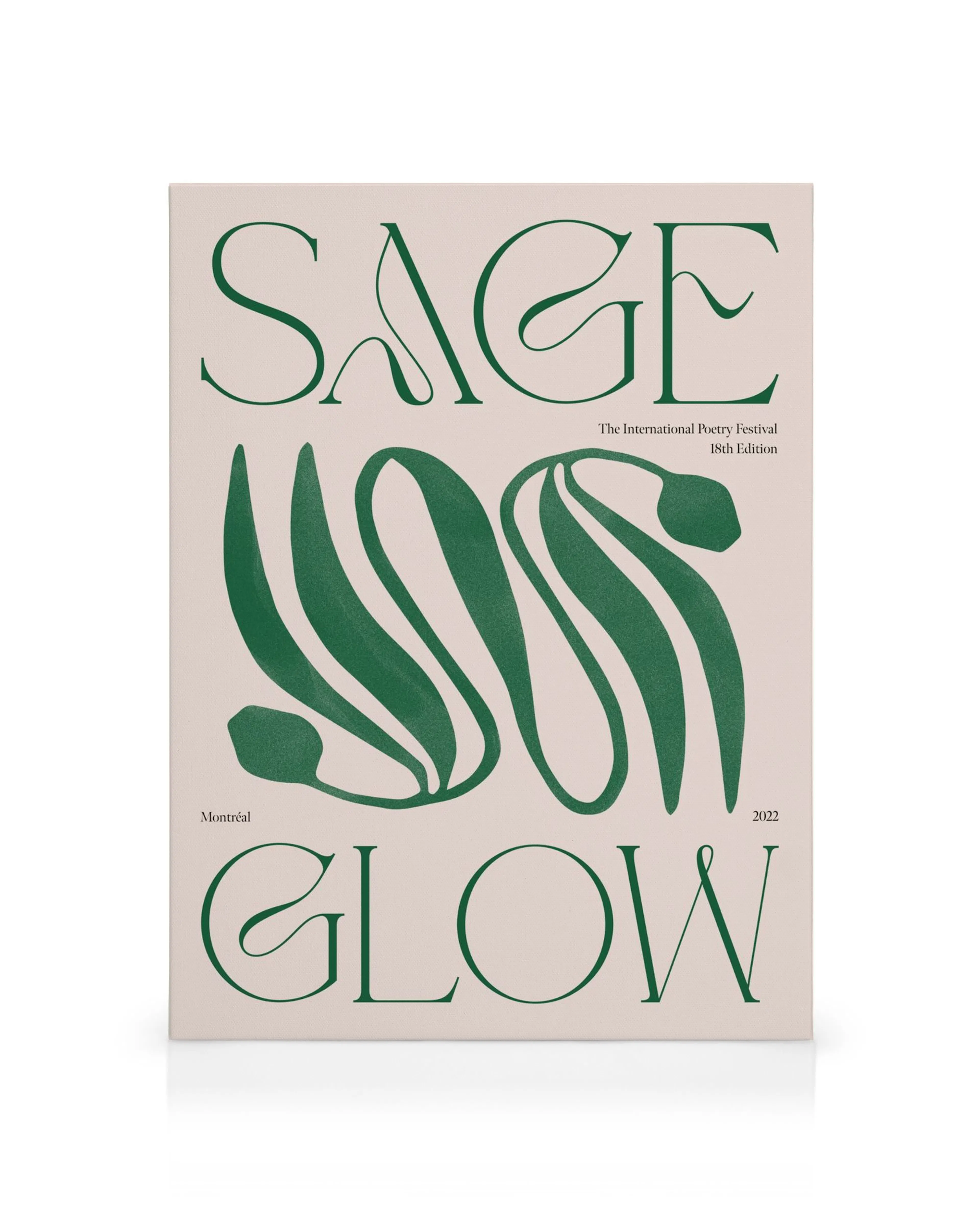 Sage Glow kanvaasi, jossa vihreät abstraktit muodot ja tyylitellyt Sage Glow -tekstit vaalealla pohjalla.