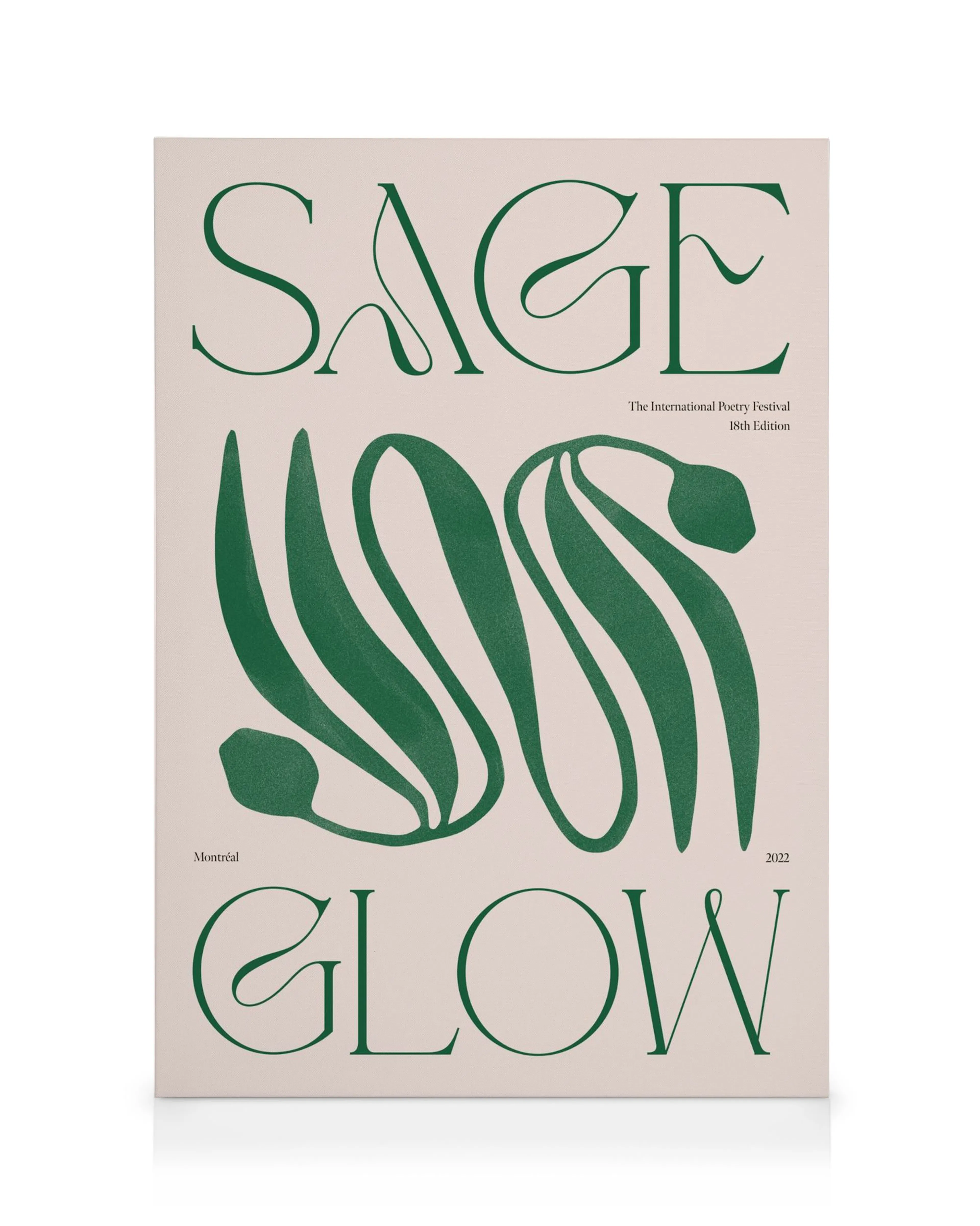 Abstract Sage Glow canvas print with flowing green shapes and text on a pink background, ideal for modern decor.